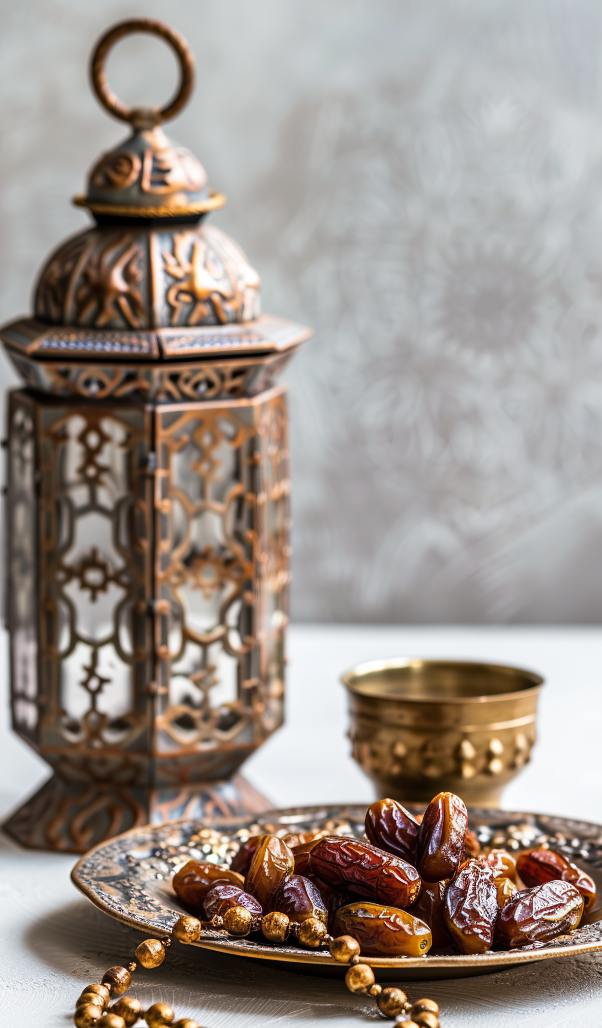 Plate with dates, decorative arabic lantern and rosary on a light background