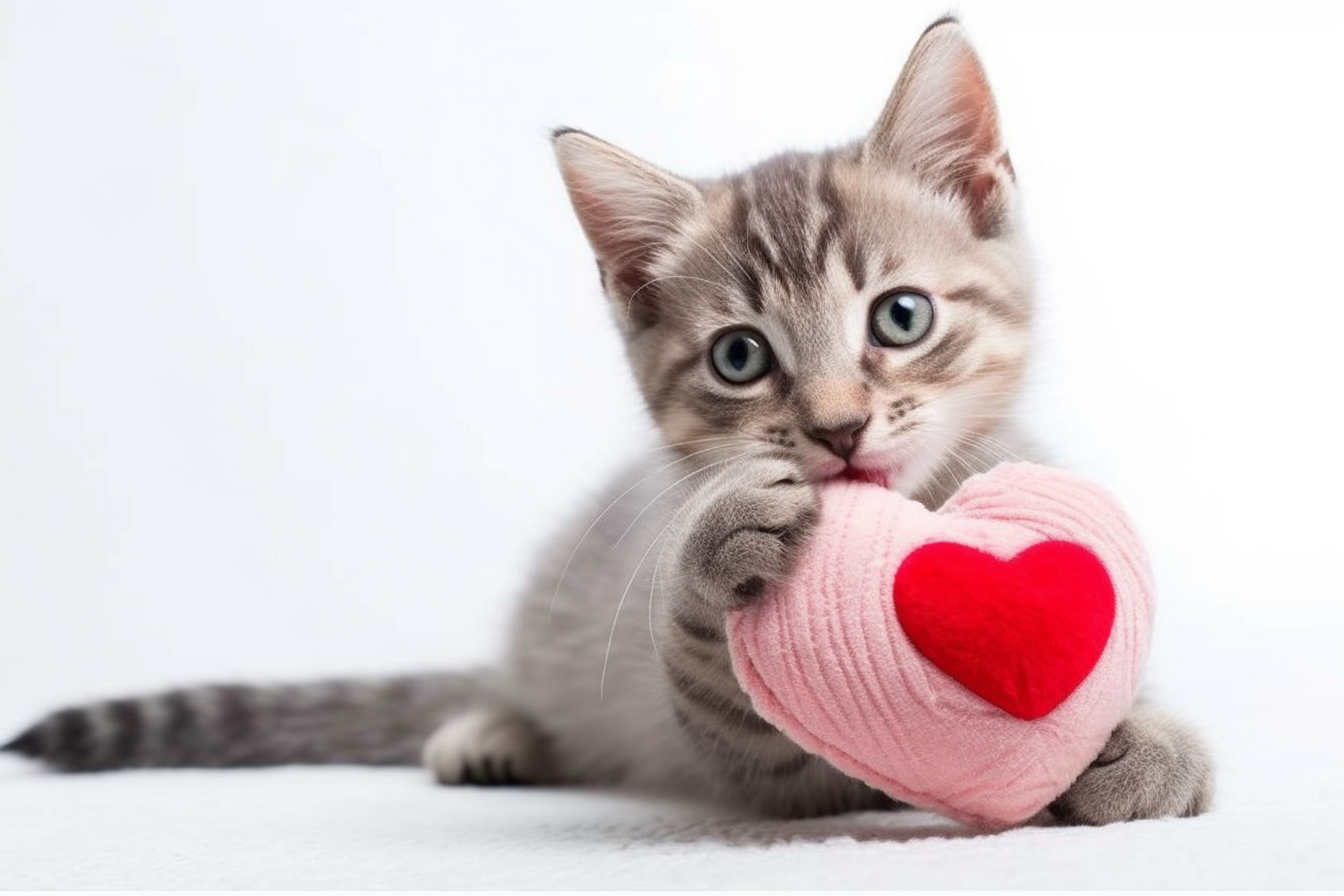 Portrait of a gorgeous gray cat with small fuzzy heart toy