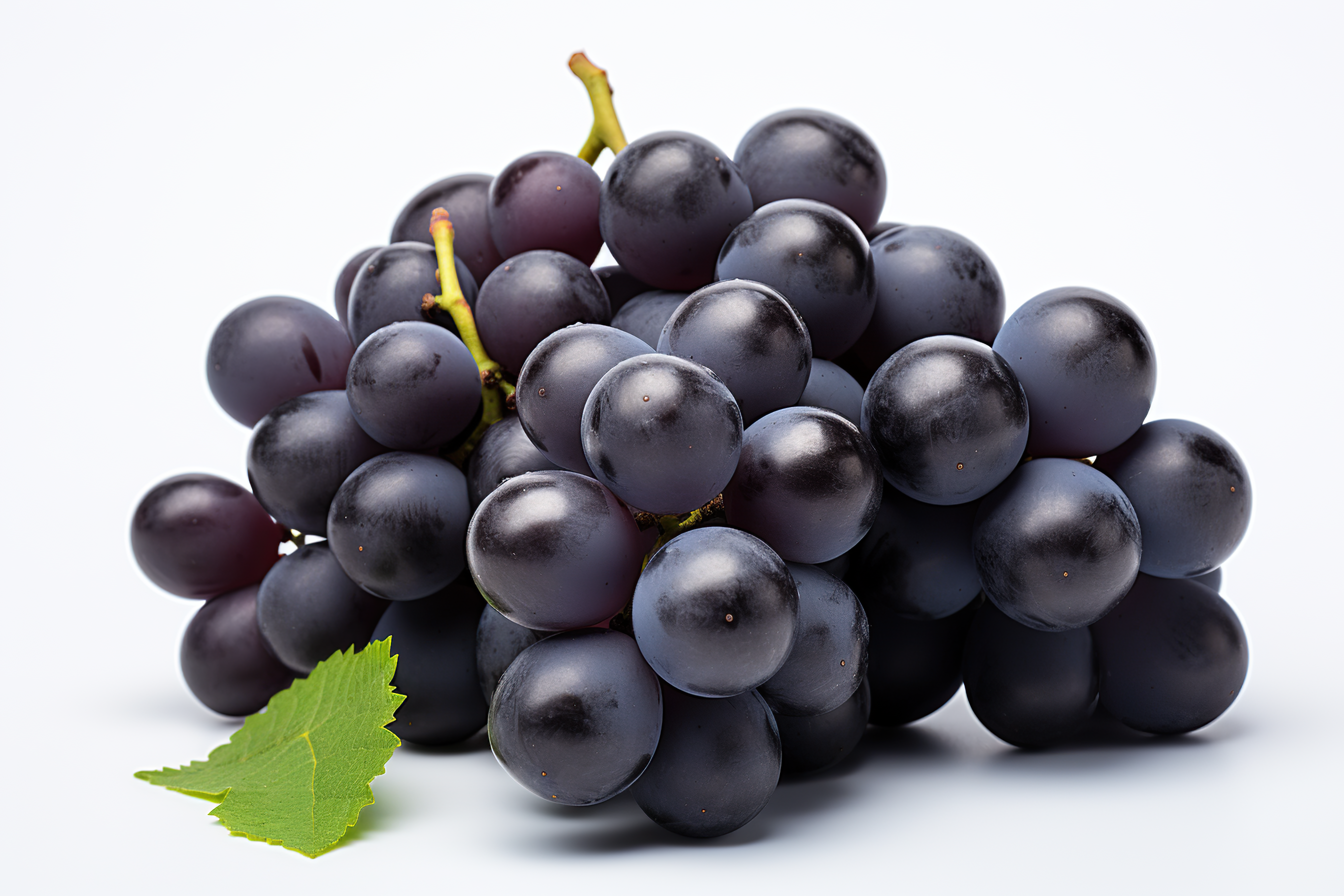 Purple grapes with green leaves, isolated on white background