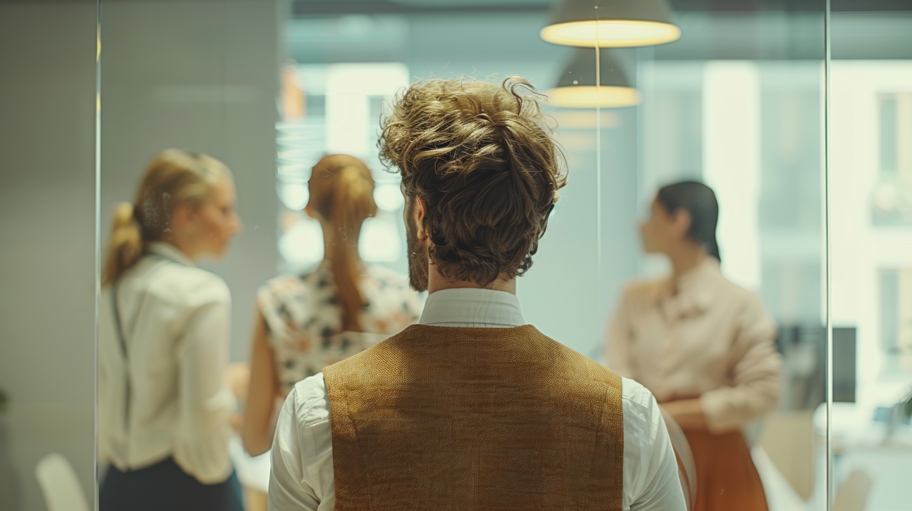 Rear view portrait of a businessman in the office, Generative AI