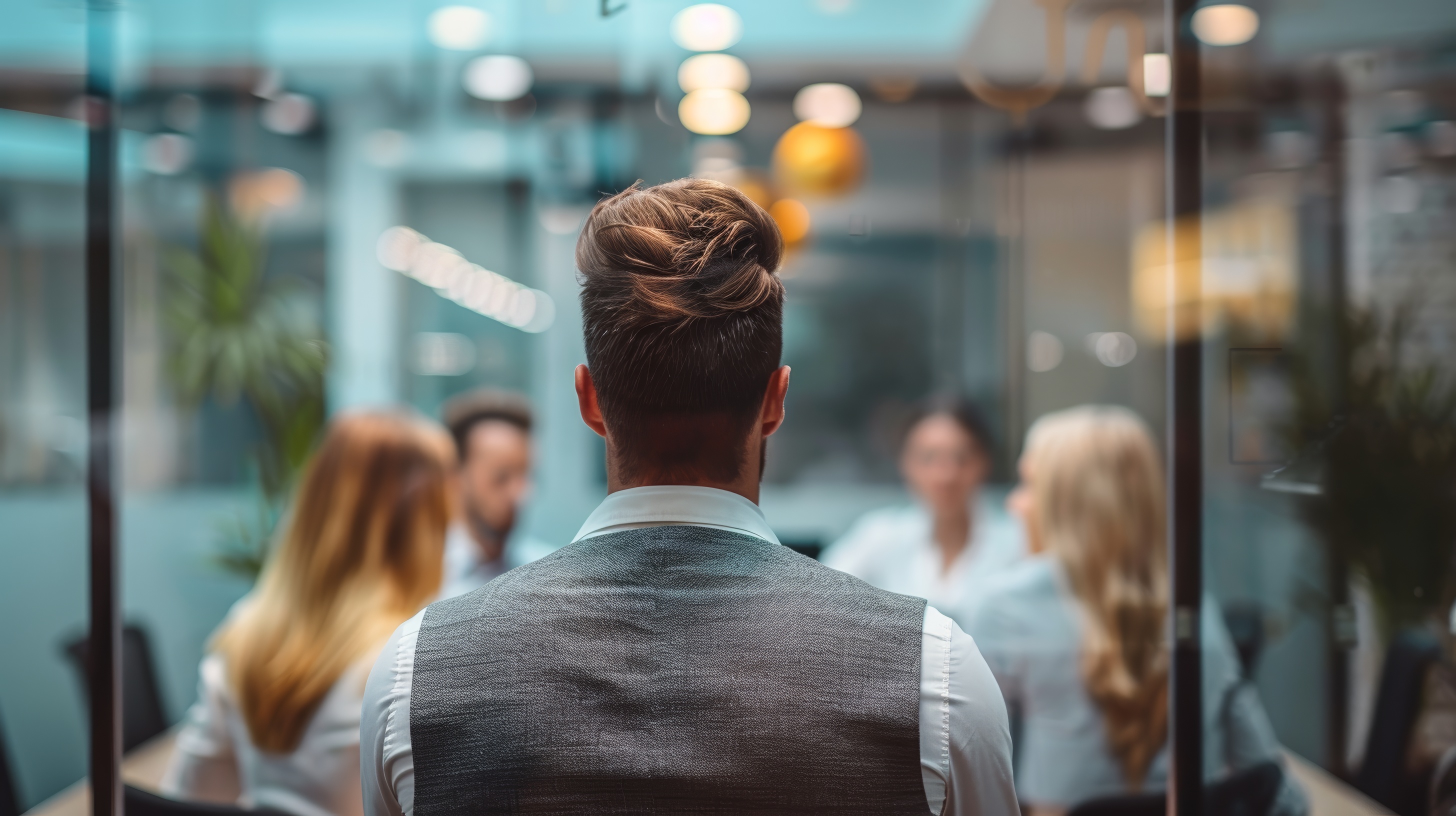Rear view portrait of a businessman in the office, Generative AI