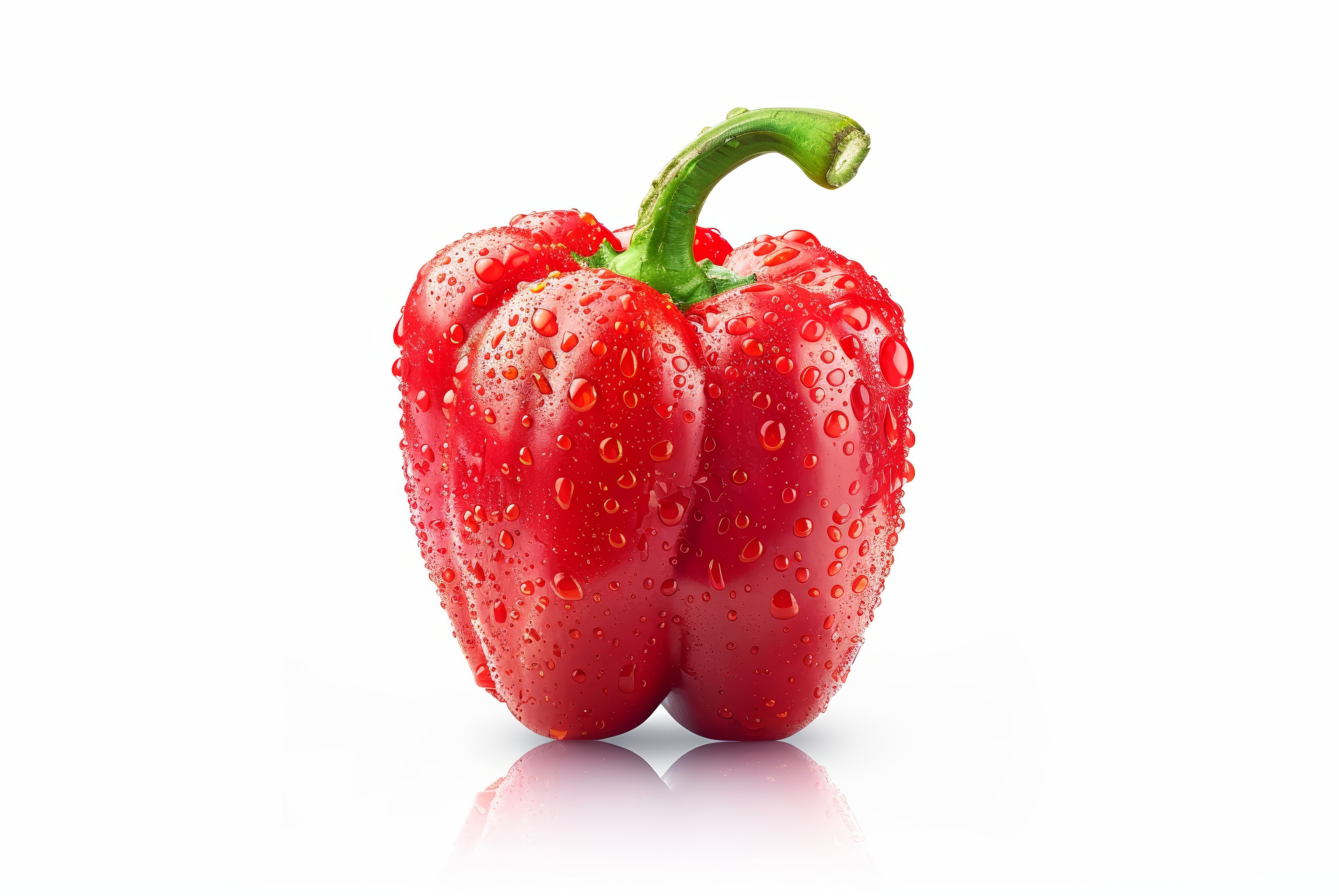 Red bell pepper with water drops isolated on white background