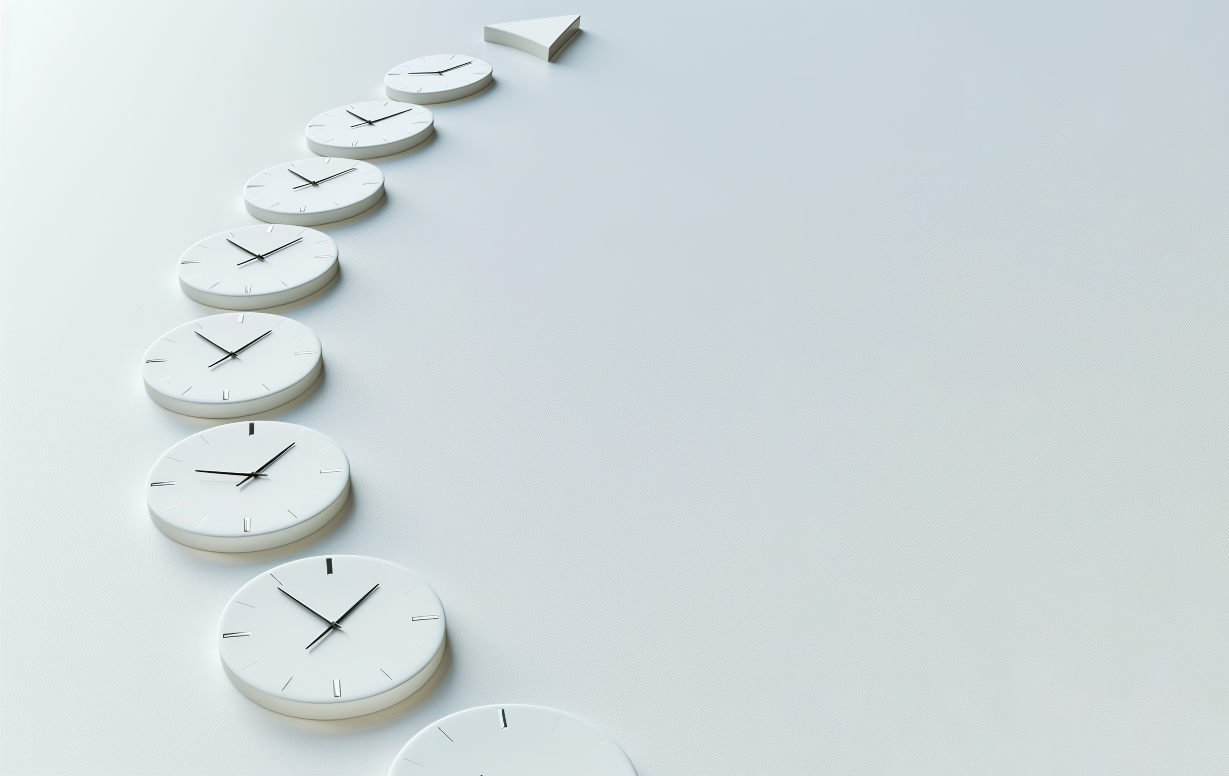 Row of clocks on white background