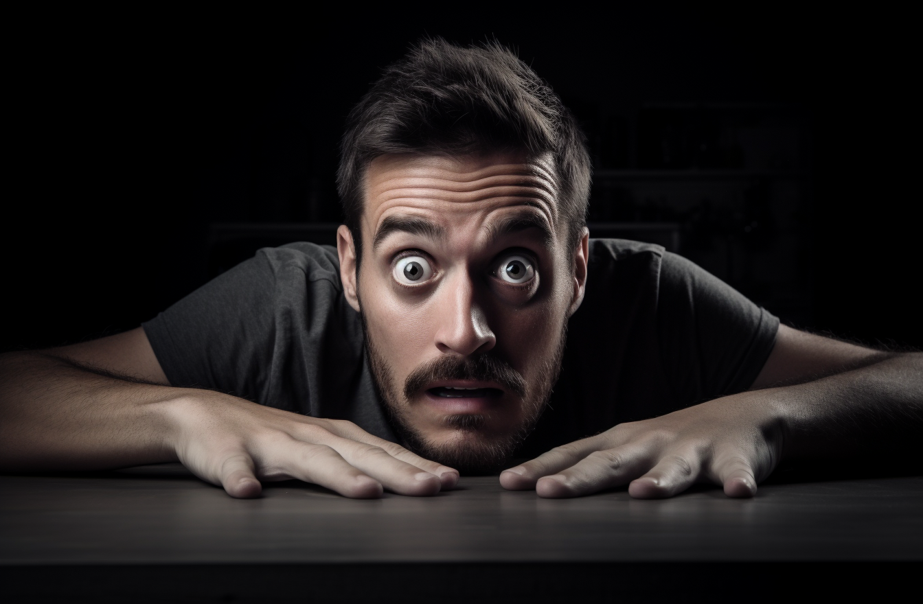 Scary and frustrated man on dark background looking at the camera, AI Generative