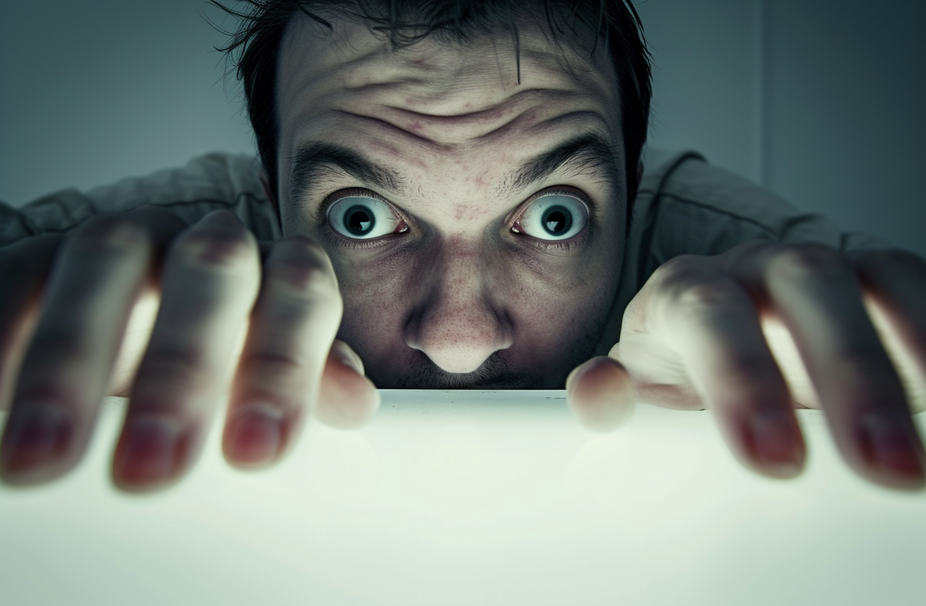 Scary and frustrated man on dark background looking at the camera, AI Generative