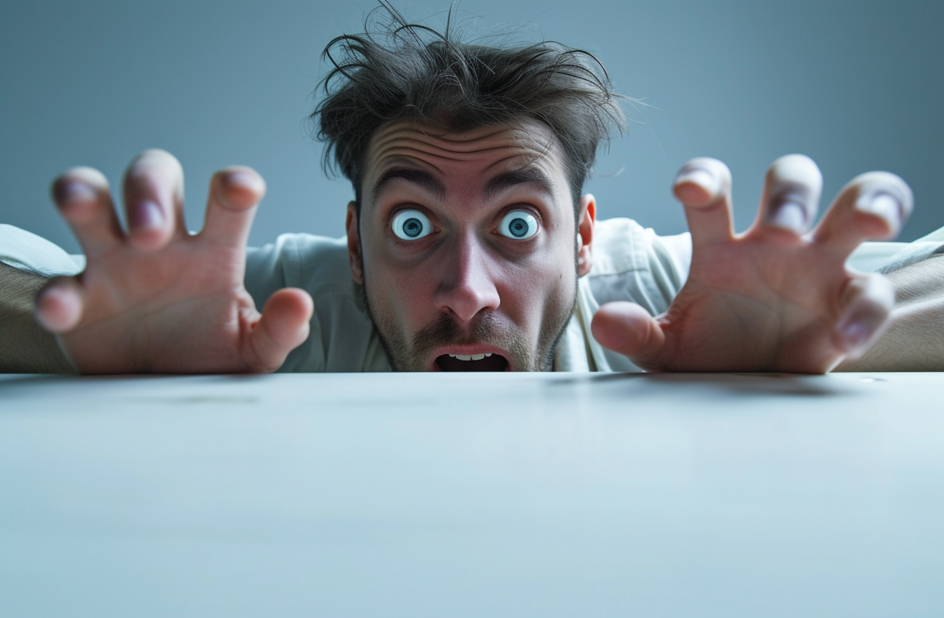 Scary and frustrated man on white background looking at the camera, AI Generative