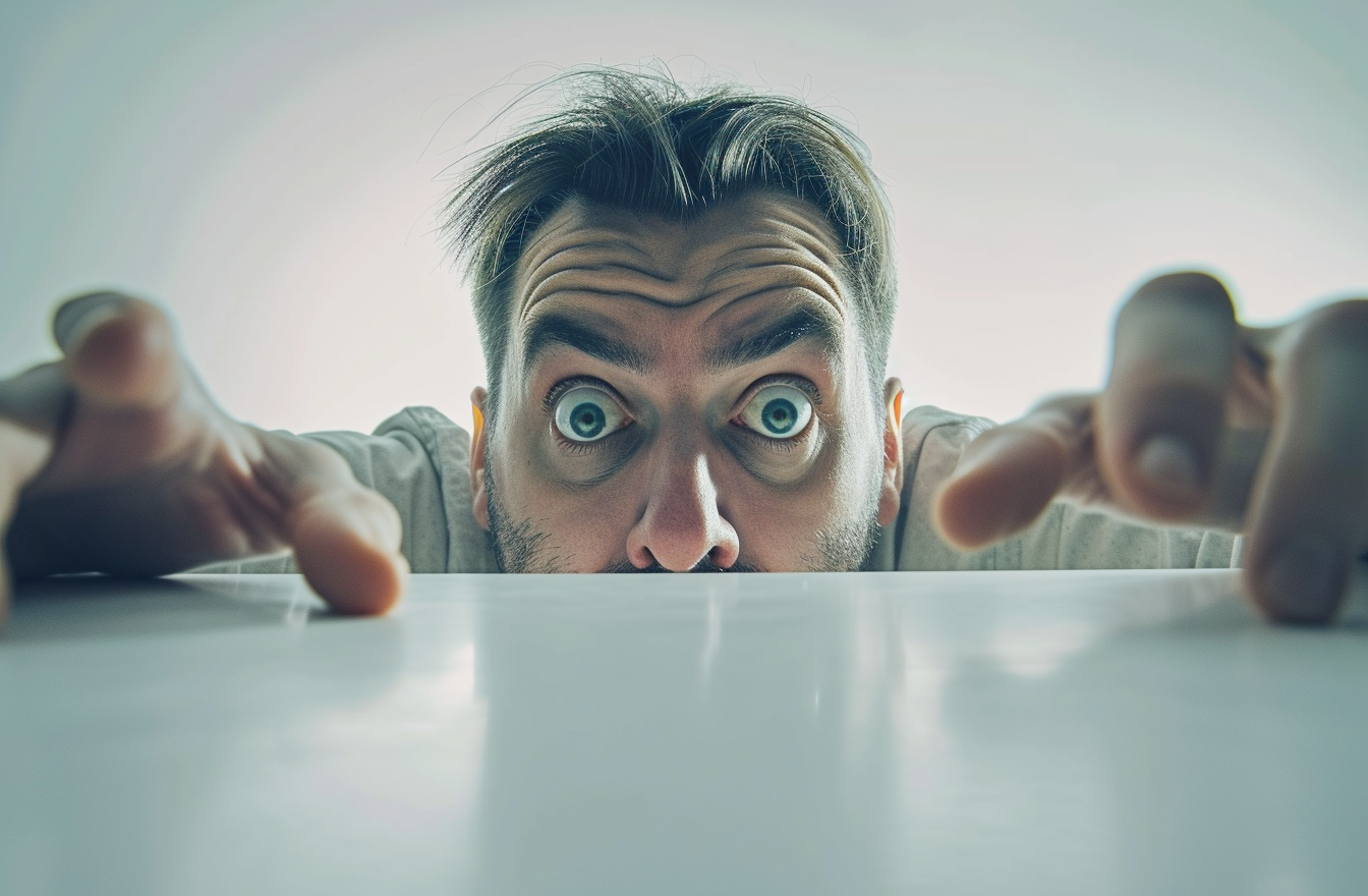 Scary and frustrated man on white background looking at the camera, AI Generative