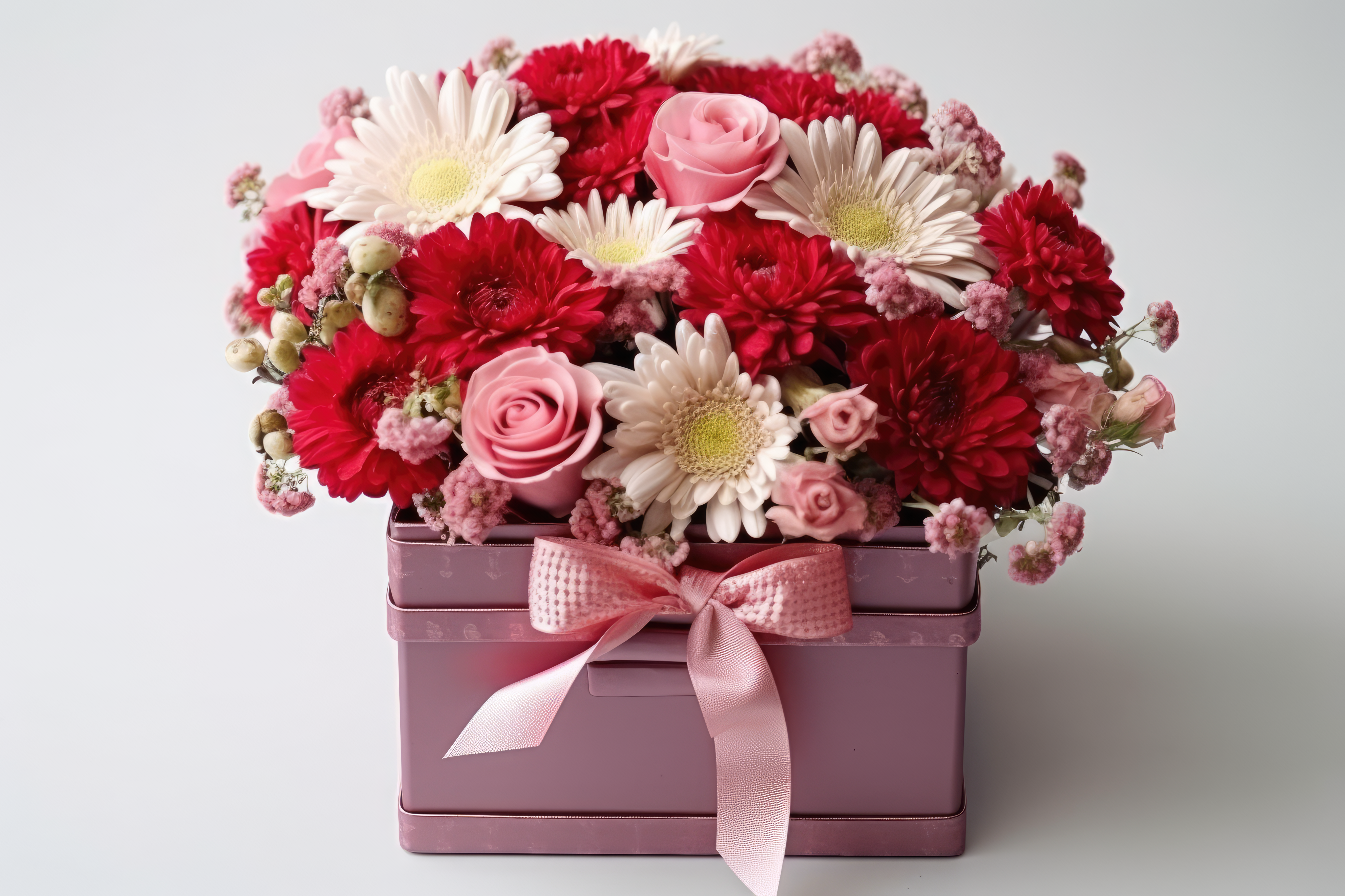 Square flower box with fresh roses