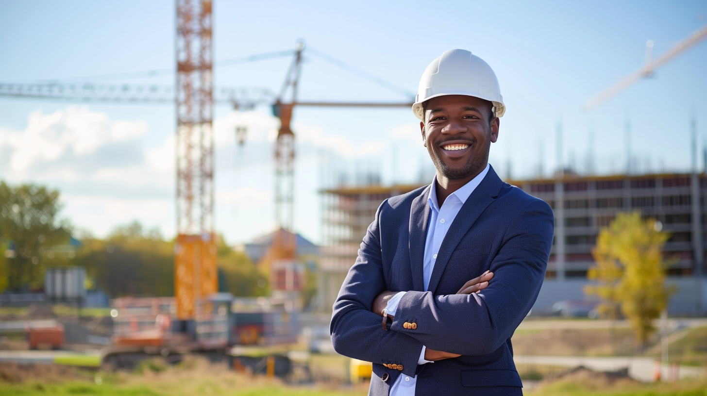 Successful male architect at building site looking at camera. Confident construction manager wearing white helmet