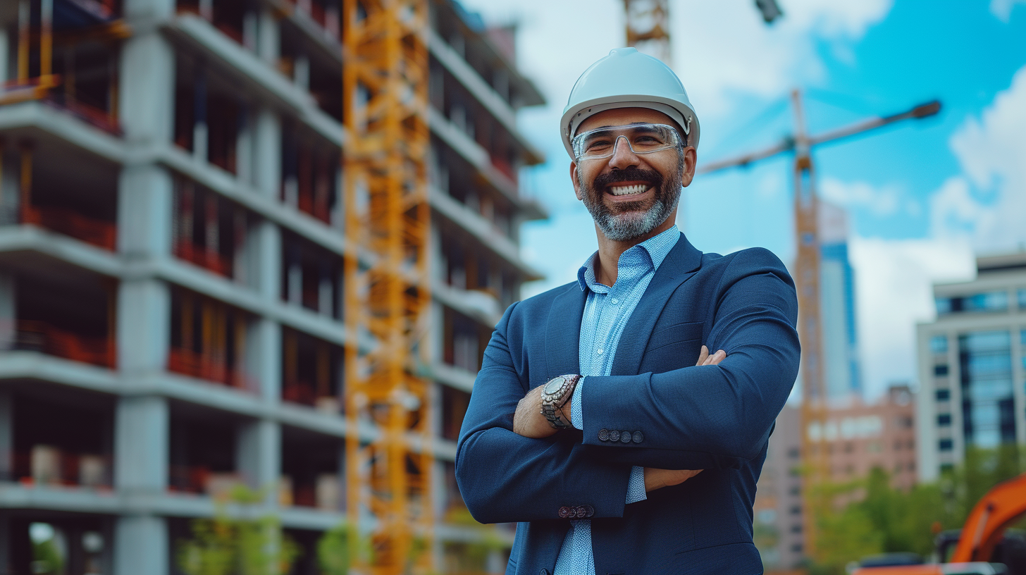 Successful male architect at building site looking at camera. Confident construction manager wearing white helmet