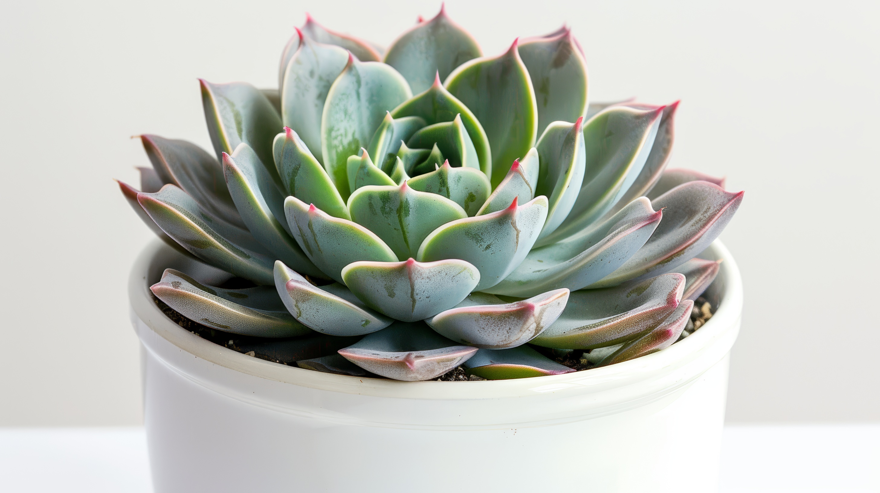 Succulent cactus in a round ceramic planter with a white background