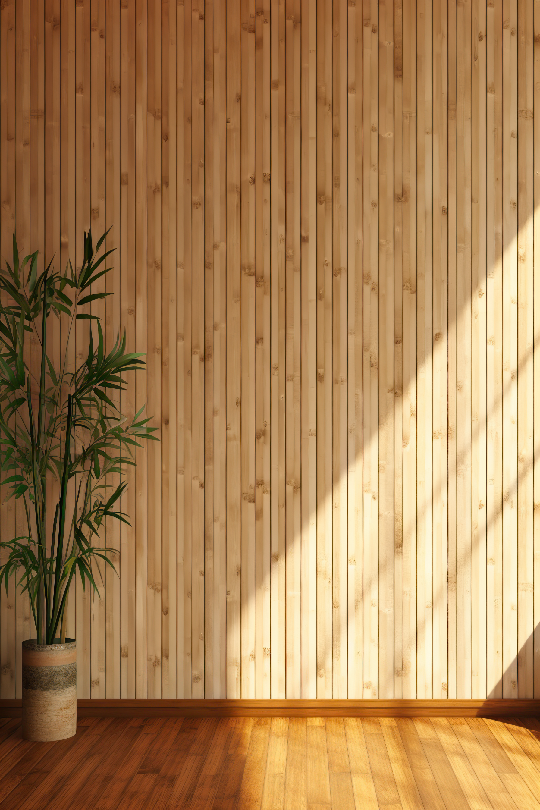 Sunlight of tropical bamboo tree leaf shadow on brown wooden panel wall with wood grain