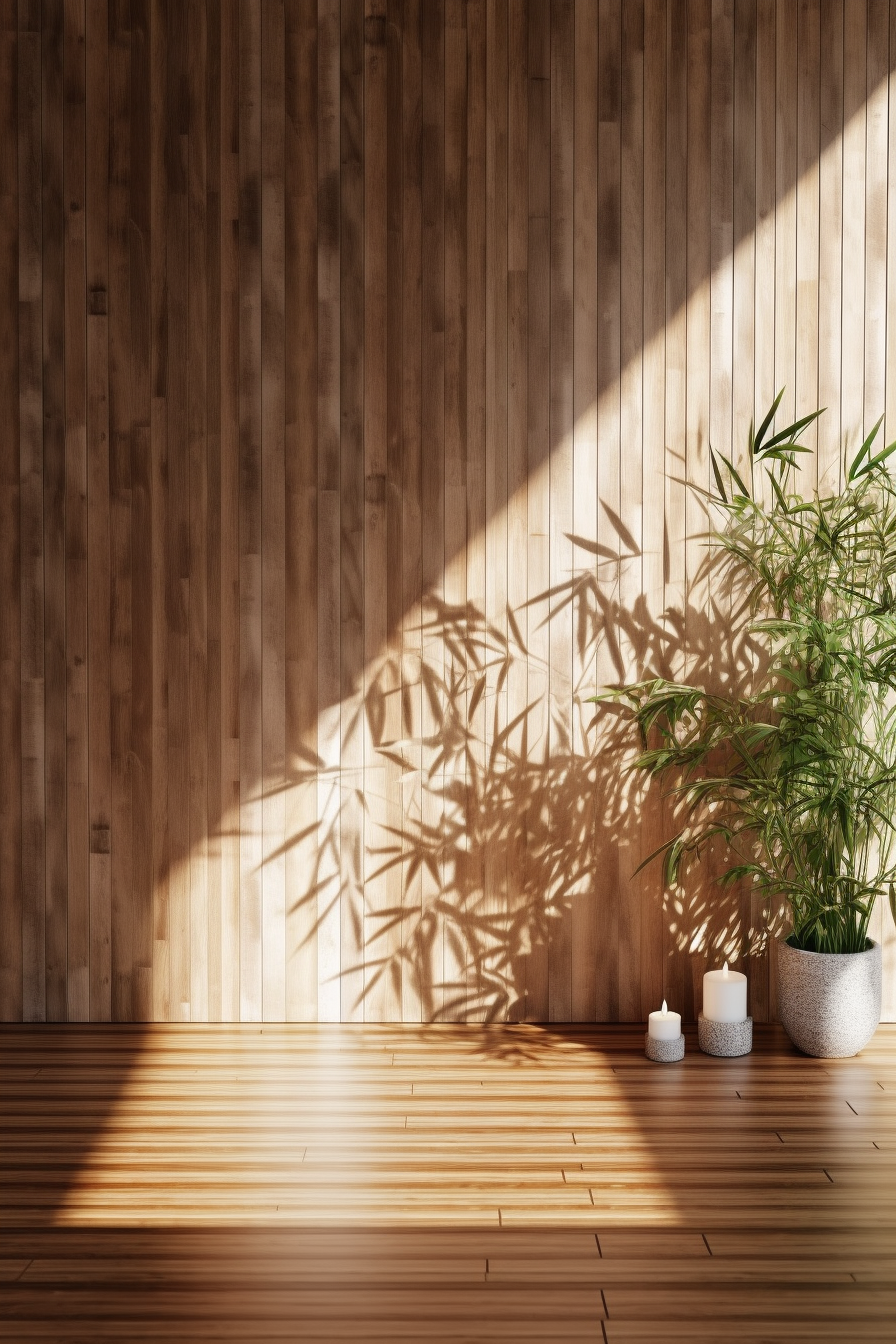 Sunlight of tropical bamboo tree leaf shadow on brown wooden panel wall with wood grain