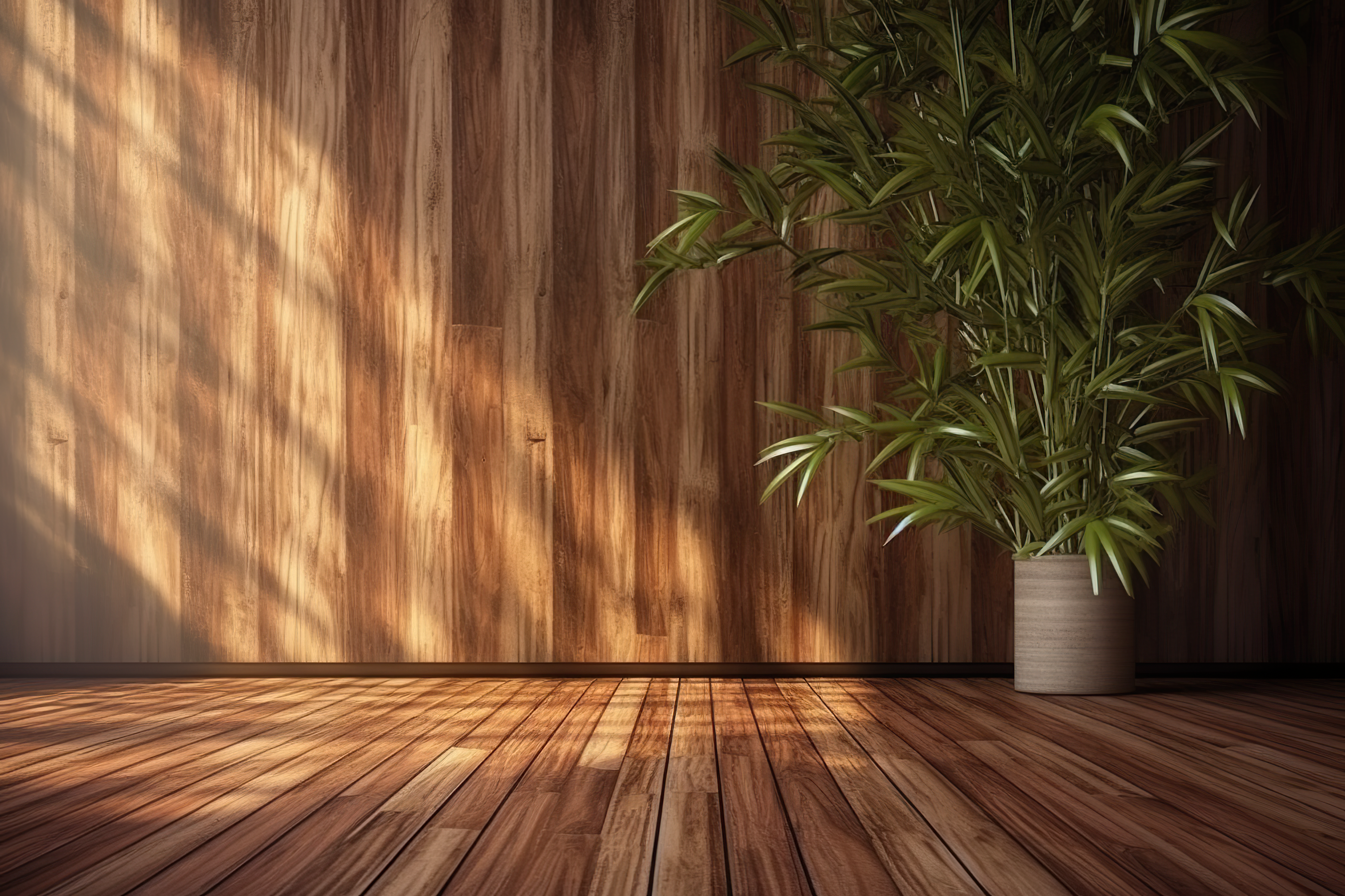 Sunlight of tropical bamboo tree leaf shadow on brown wooden panel wall with wood grain