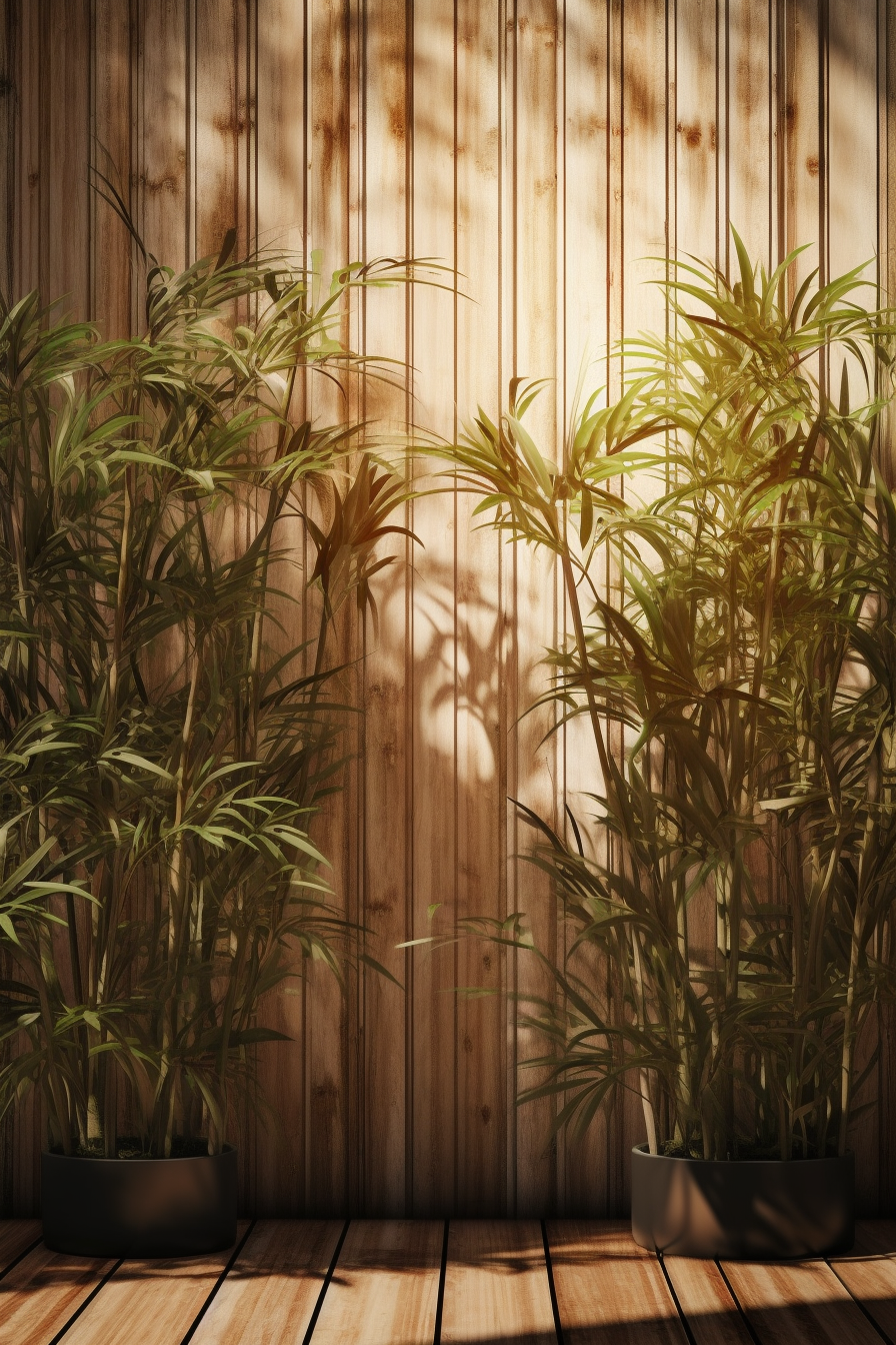Sunlight of tropical bamboo tree leaf shadow on brown wooden panel wall with wood grain