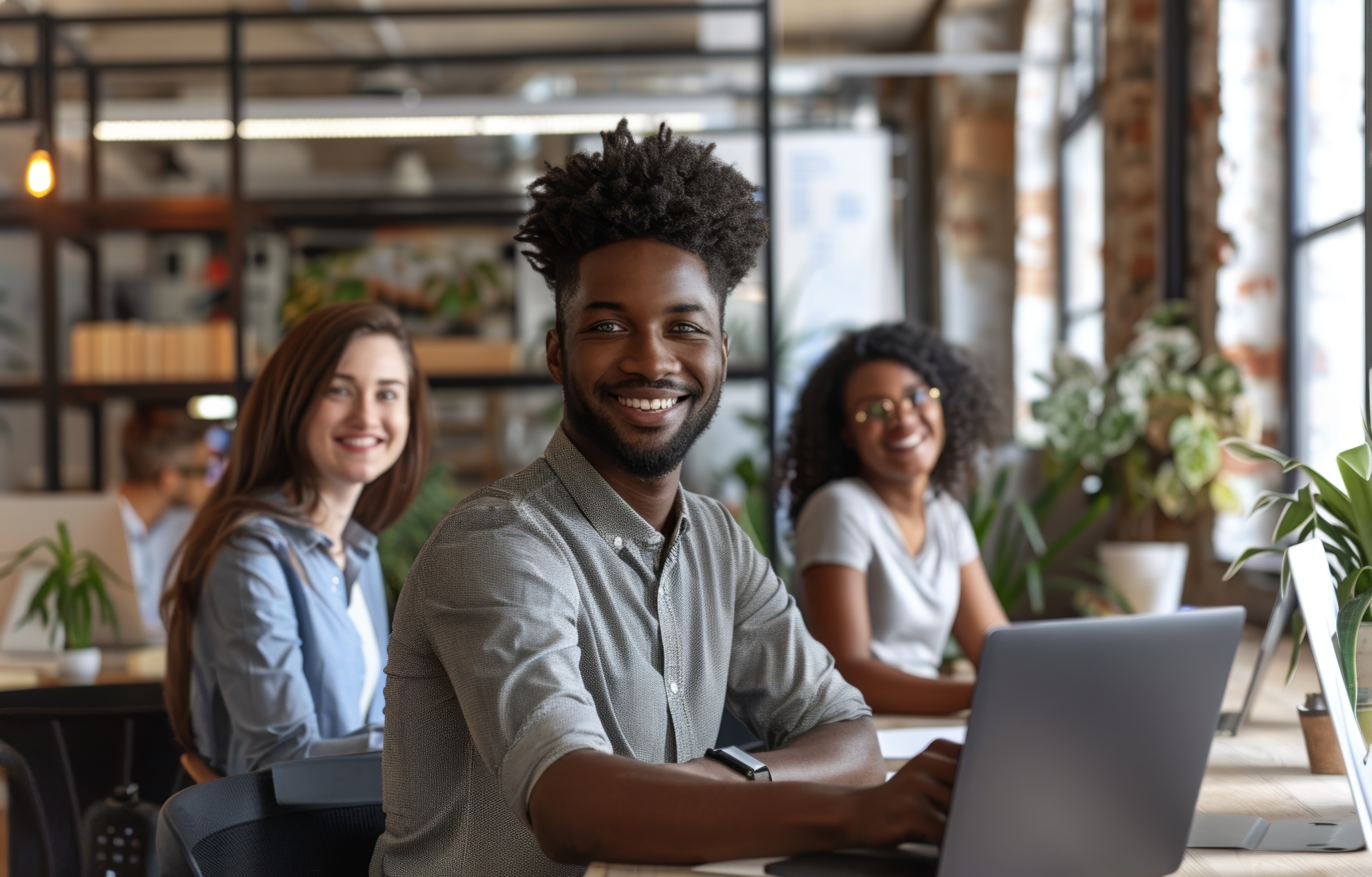 Team of employees in a modern office at work, Generative AI
