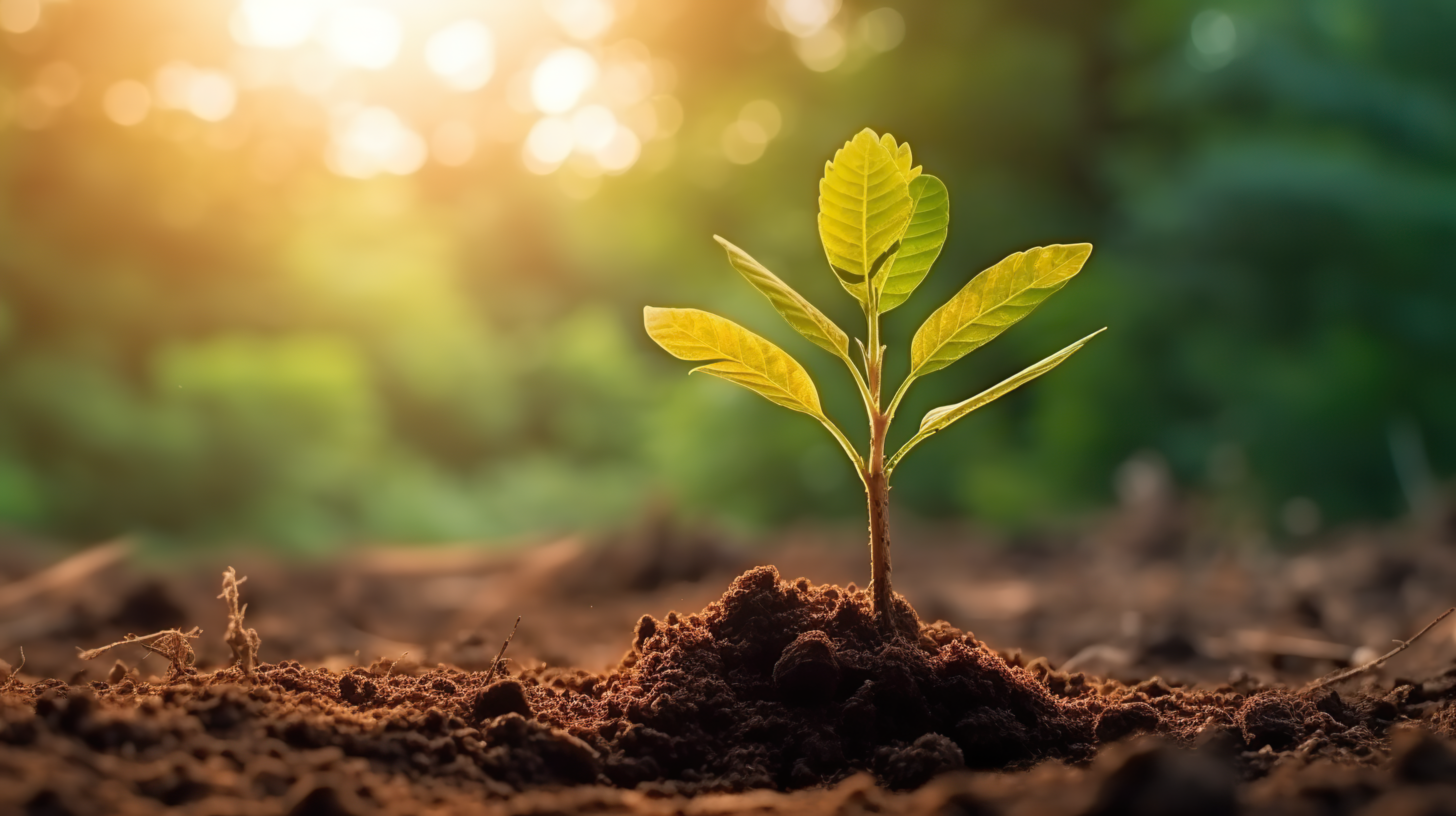 The seedlings grow from fertile soil and the morning sun shines