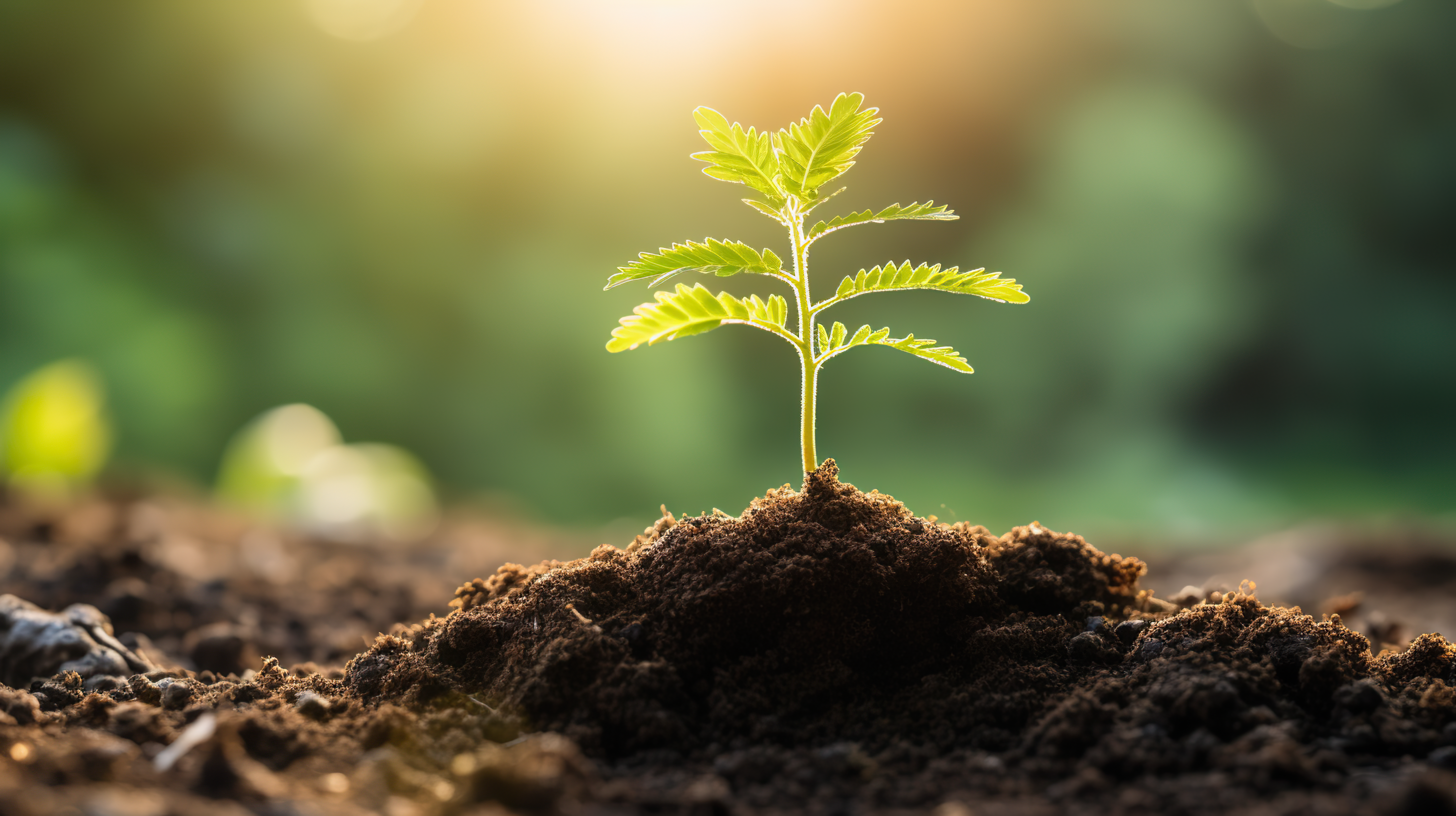 The seedlings grow from fertile soil and the morning sun shines