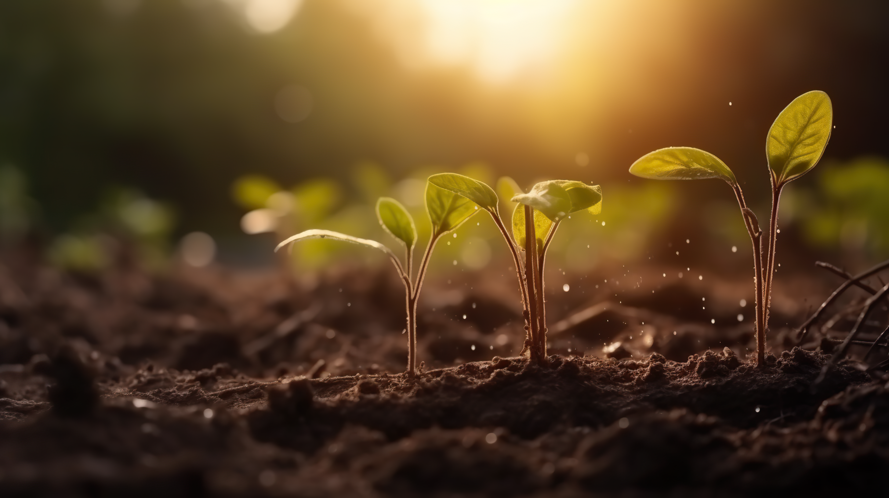 The seedlings grow from fertile soil and the morning sun shines