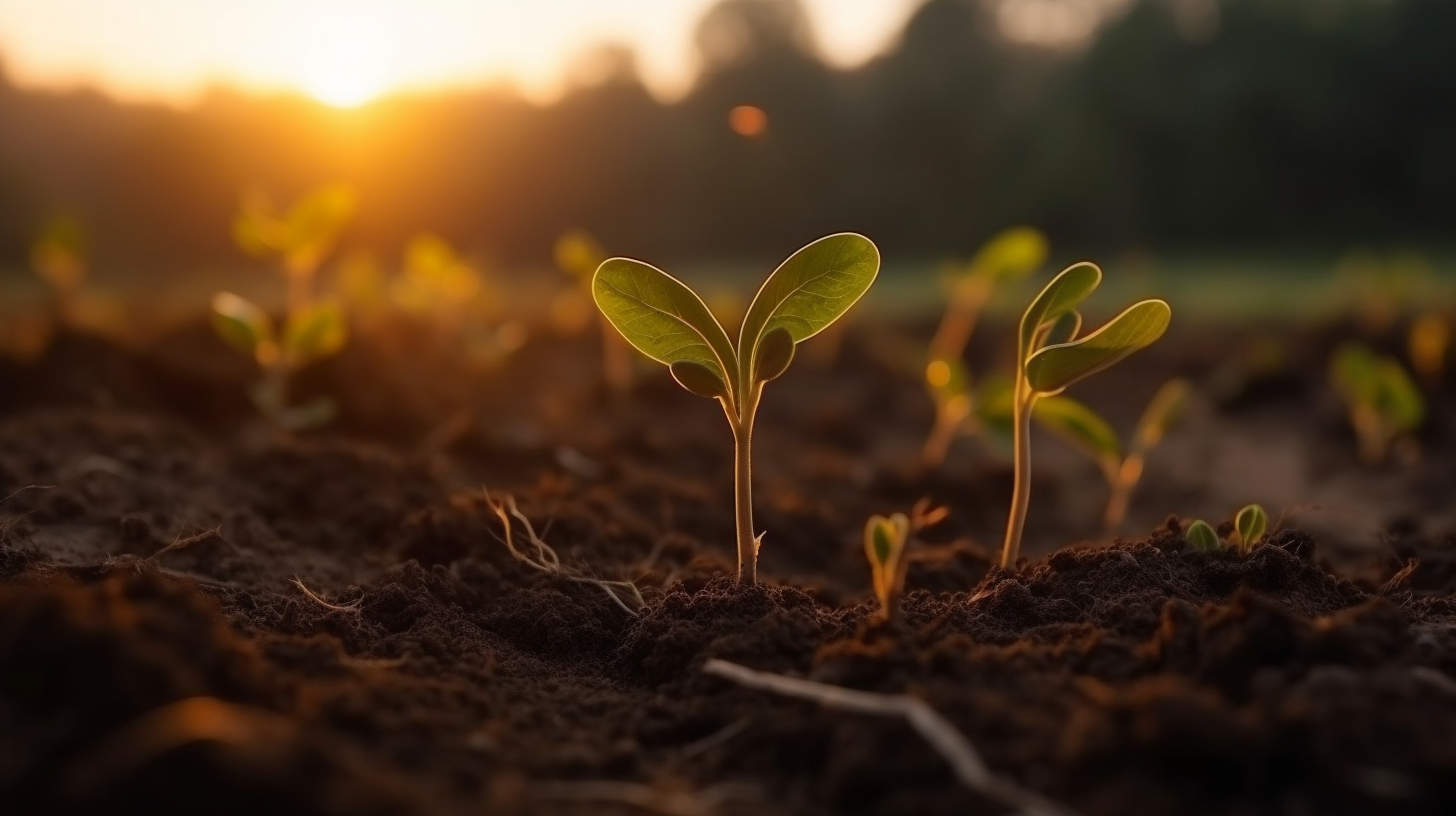 The seedlings grow from fertile soil and the morning sun shines