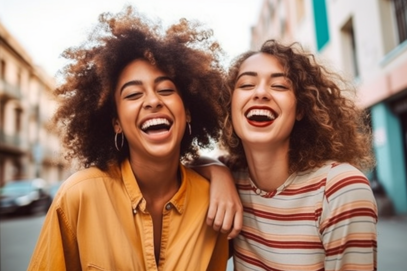 Two young multiracial women having fun and looking camera – friendship, cheerful, interaction - AI Generative