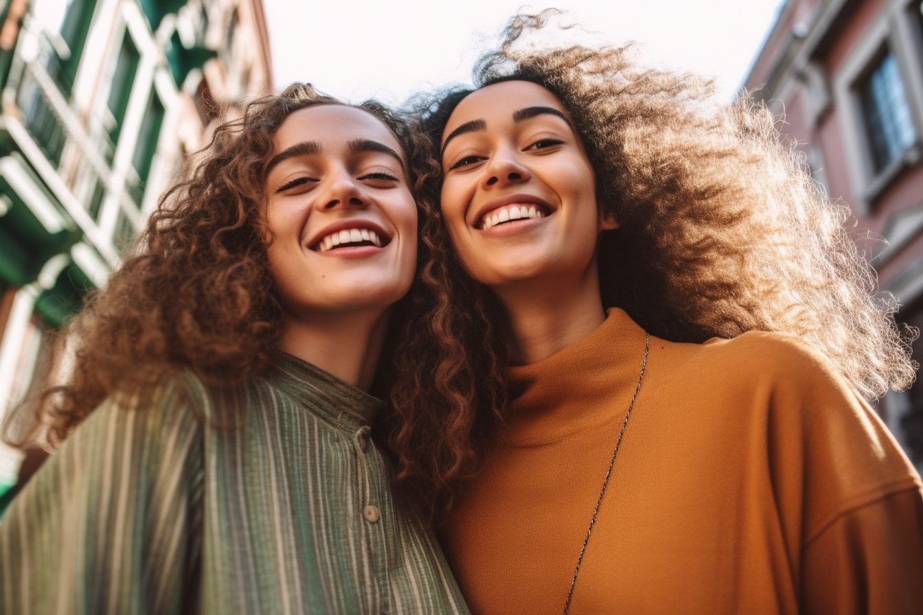 Two young multiracial women having fun and looking camera – friendship, cheerful, interaction - AI Generative