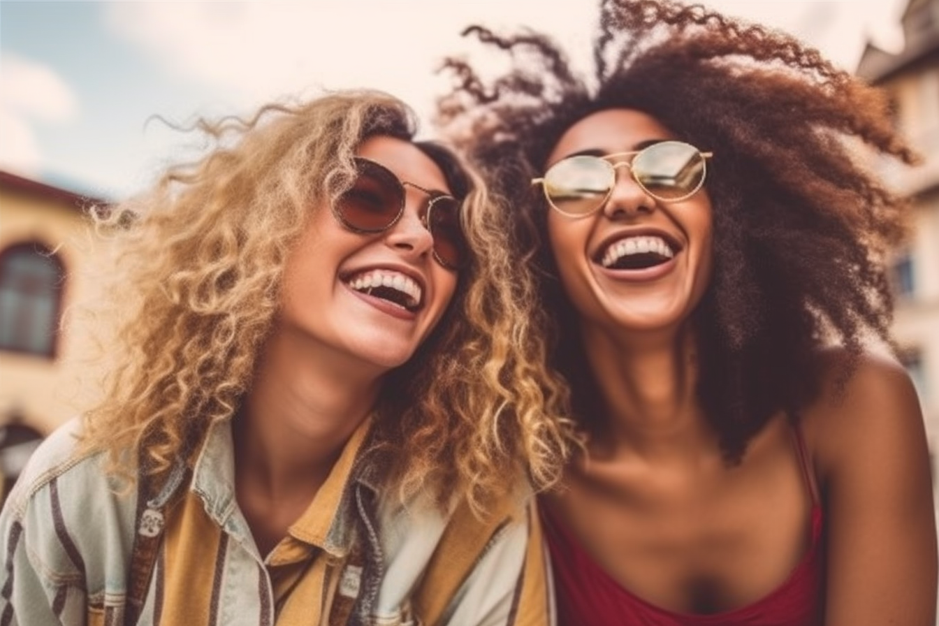 Two young multiracial women having fun and looking camera – friendship, cheerful, interaction - AI Generative