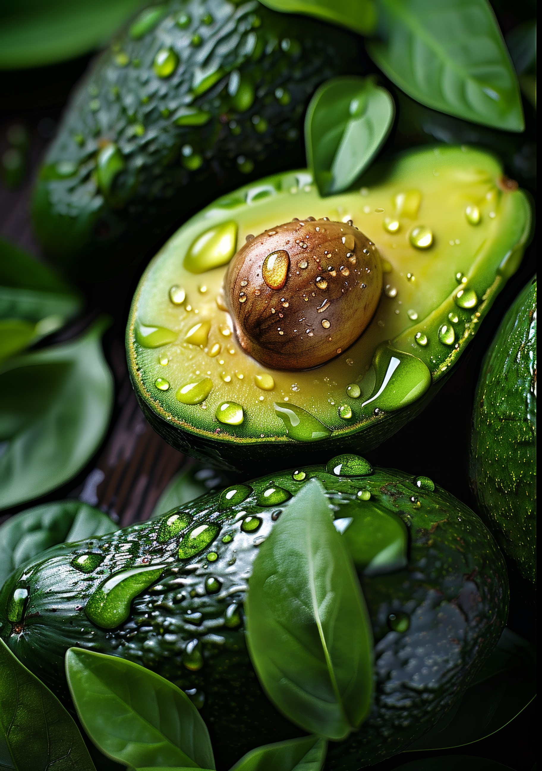 Vibrant green avocado with water drops close up, ripe and fresh,