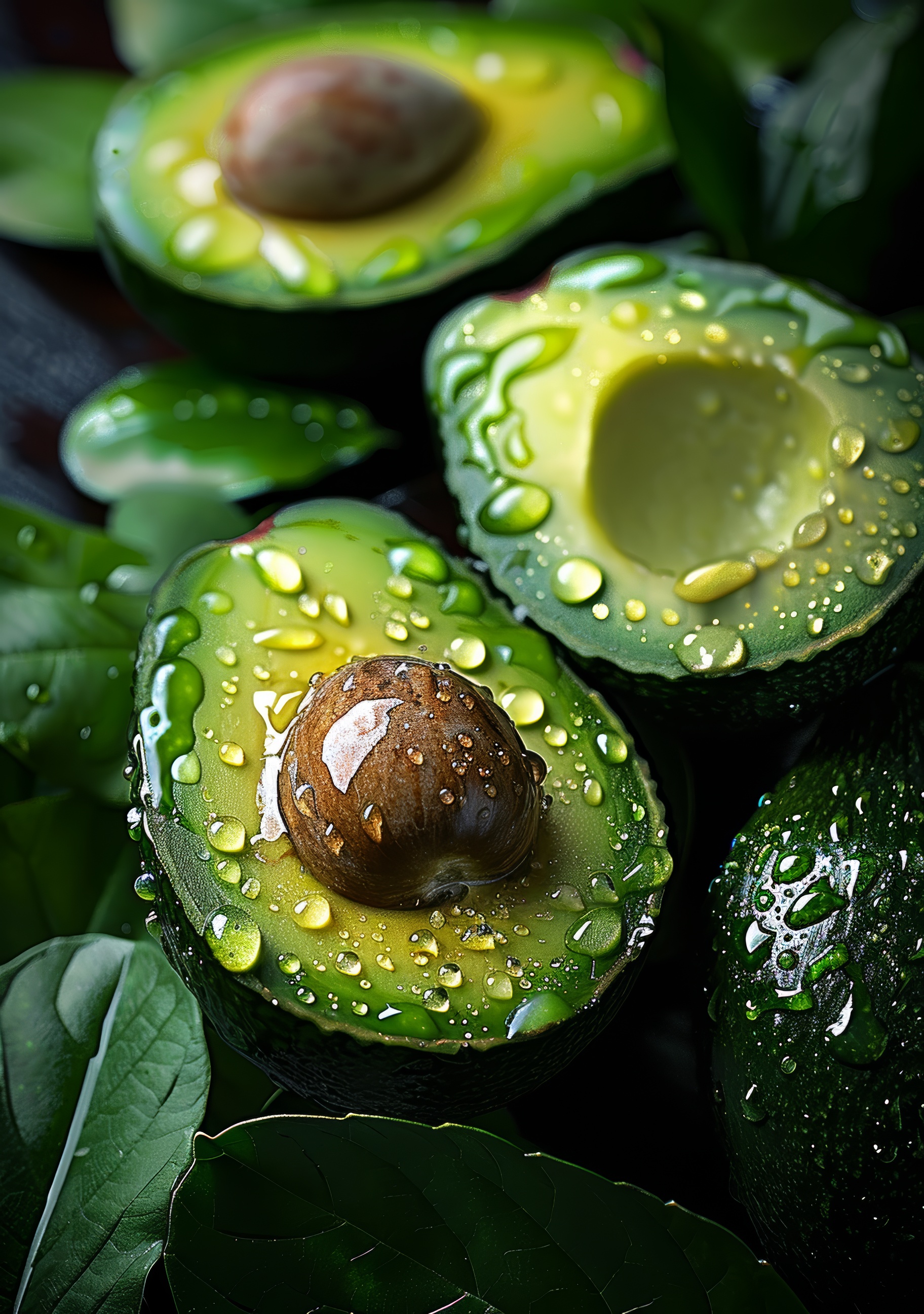 Vibrant green avocado with water drops close up, ripe and fresh,