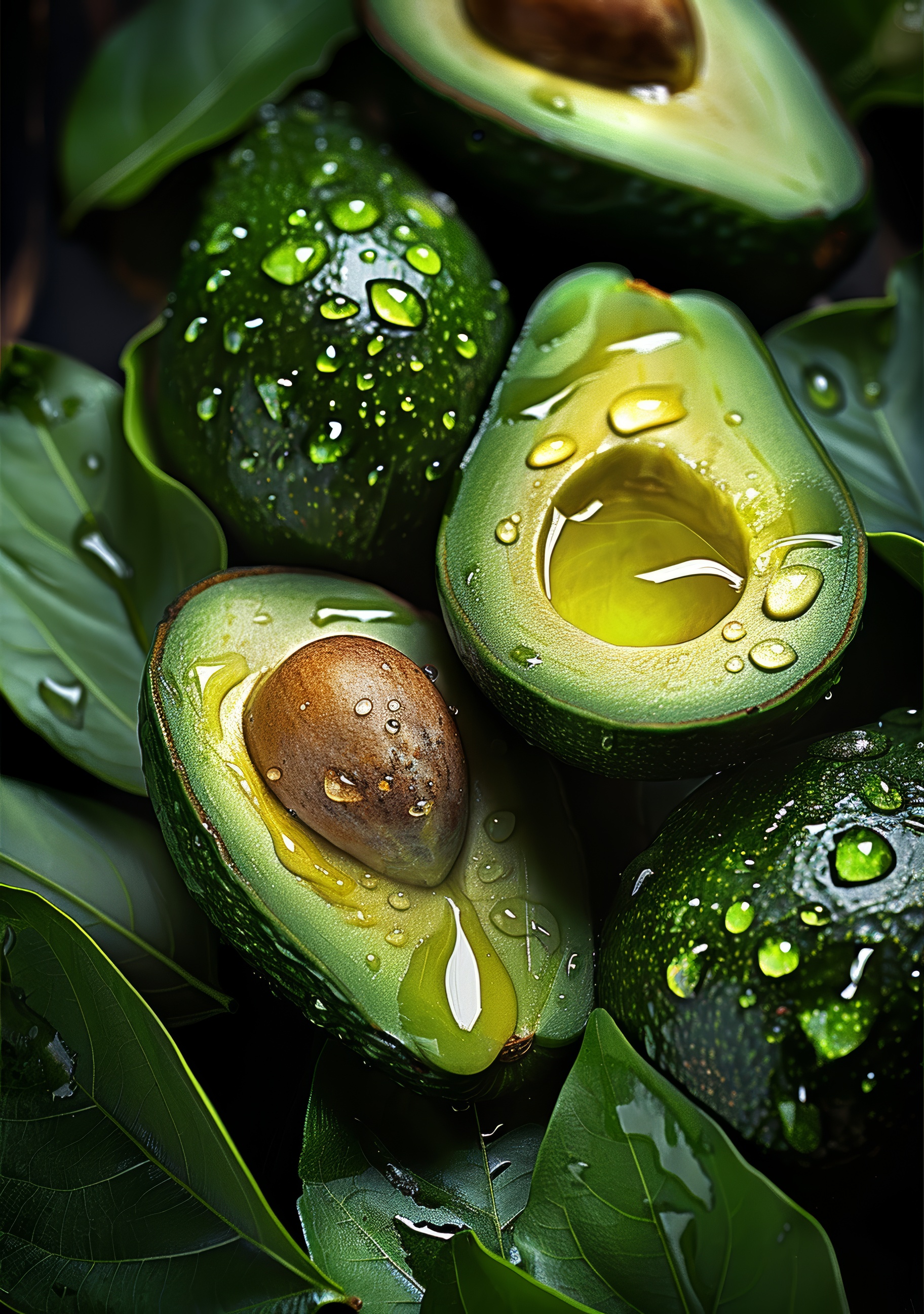 Vibrant green avocado with water drops close up, ripe and fresh,