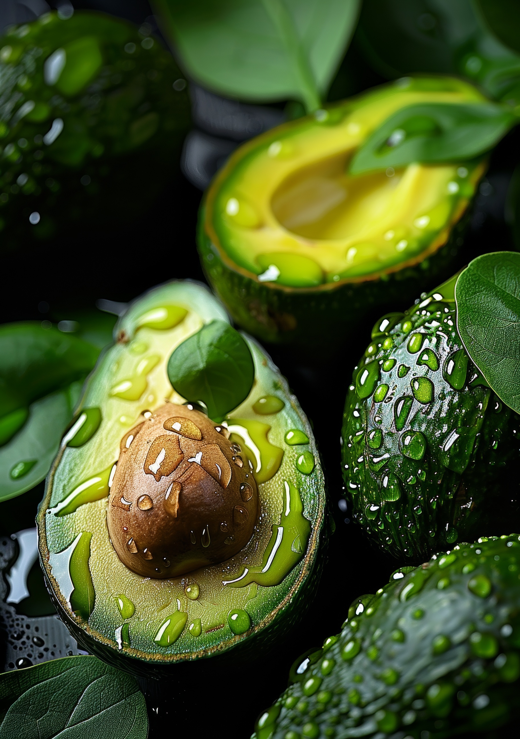 Vibrant green avocado with water drops close up, ripe and fresh,
