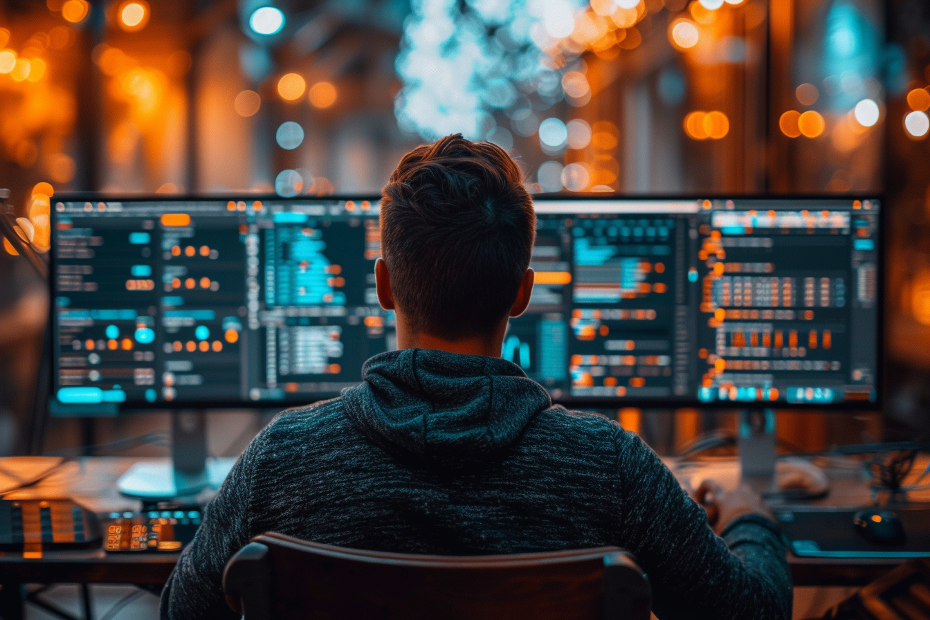 View from behind of professional trader at night in the office. Night work. Working late. Computer screens
