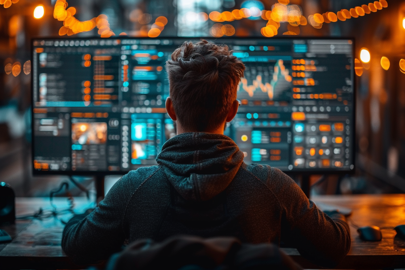 View from behind of professional trader at night in the office. Night work. Working late. Computer screens