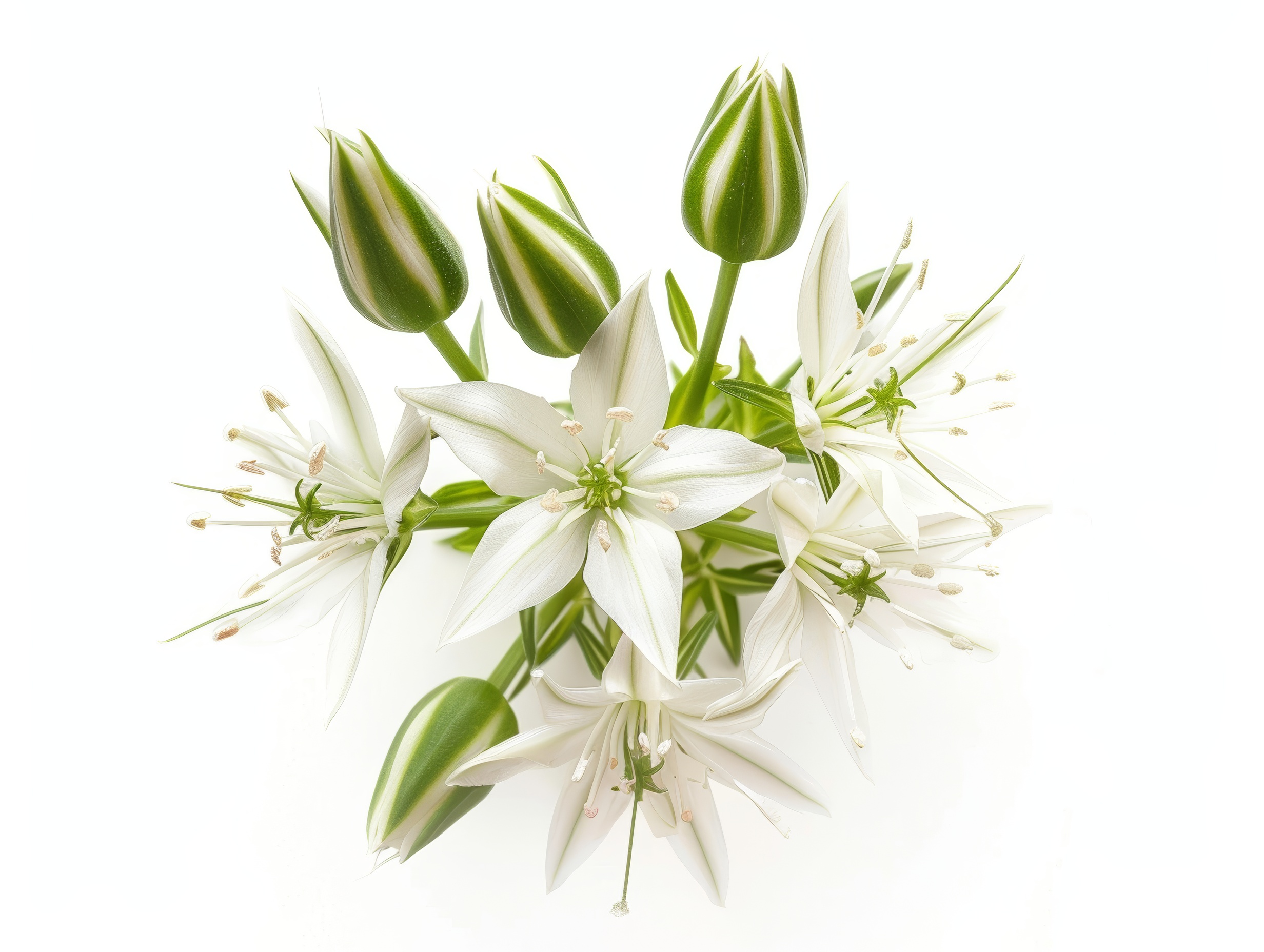 White flower with 6 petals in the shape of a lily, isolated on a white background