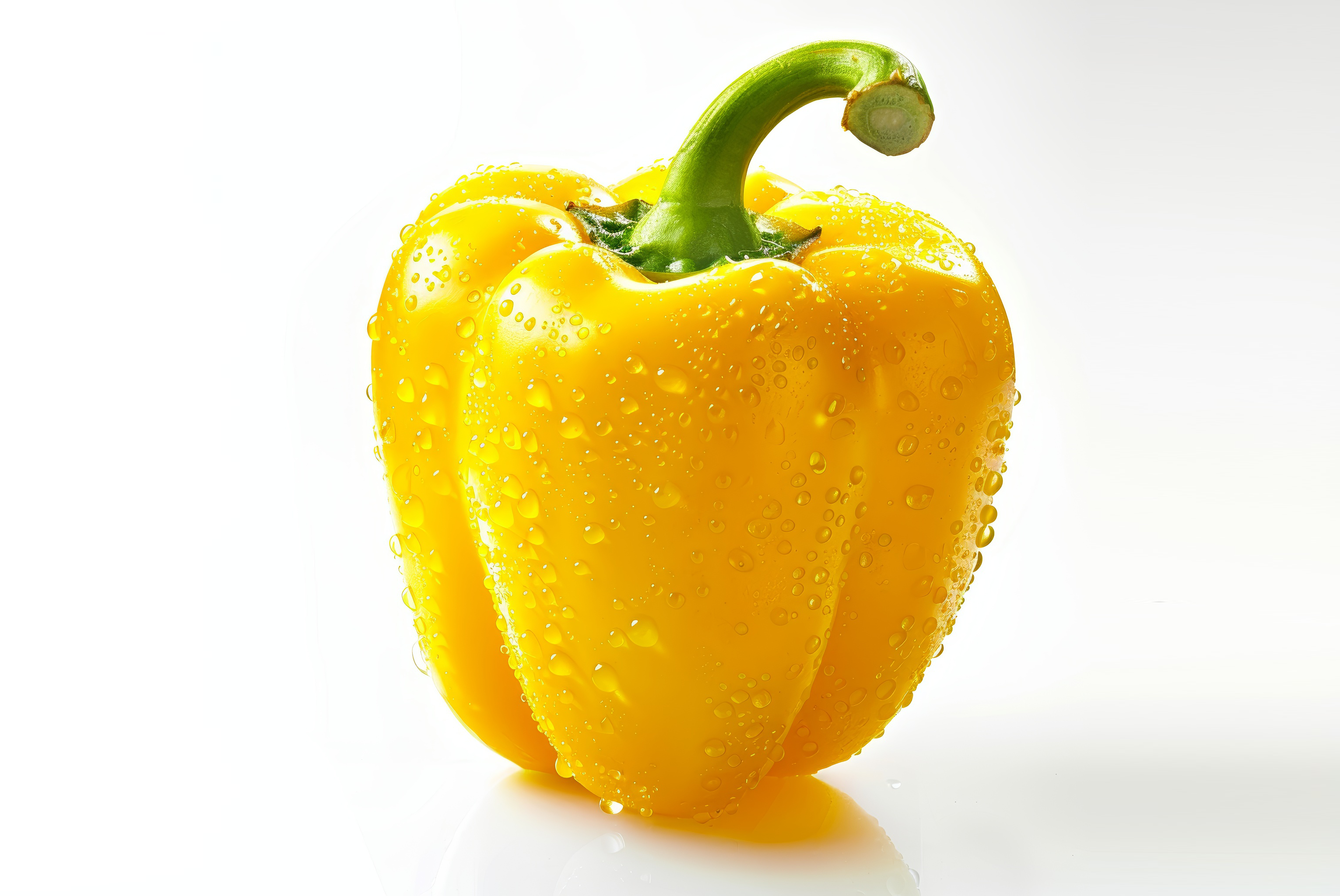 Yellow bell pepper with water drops isolated on white background