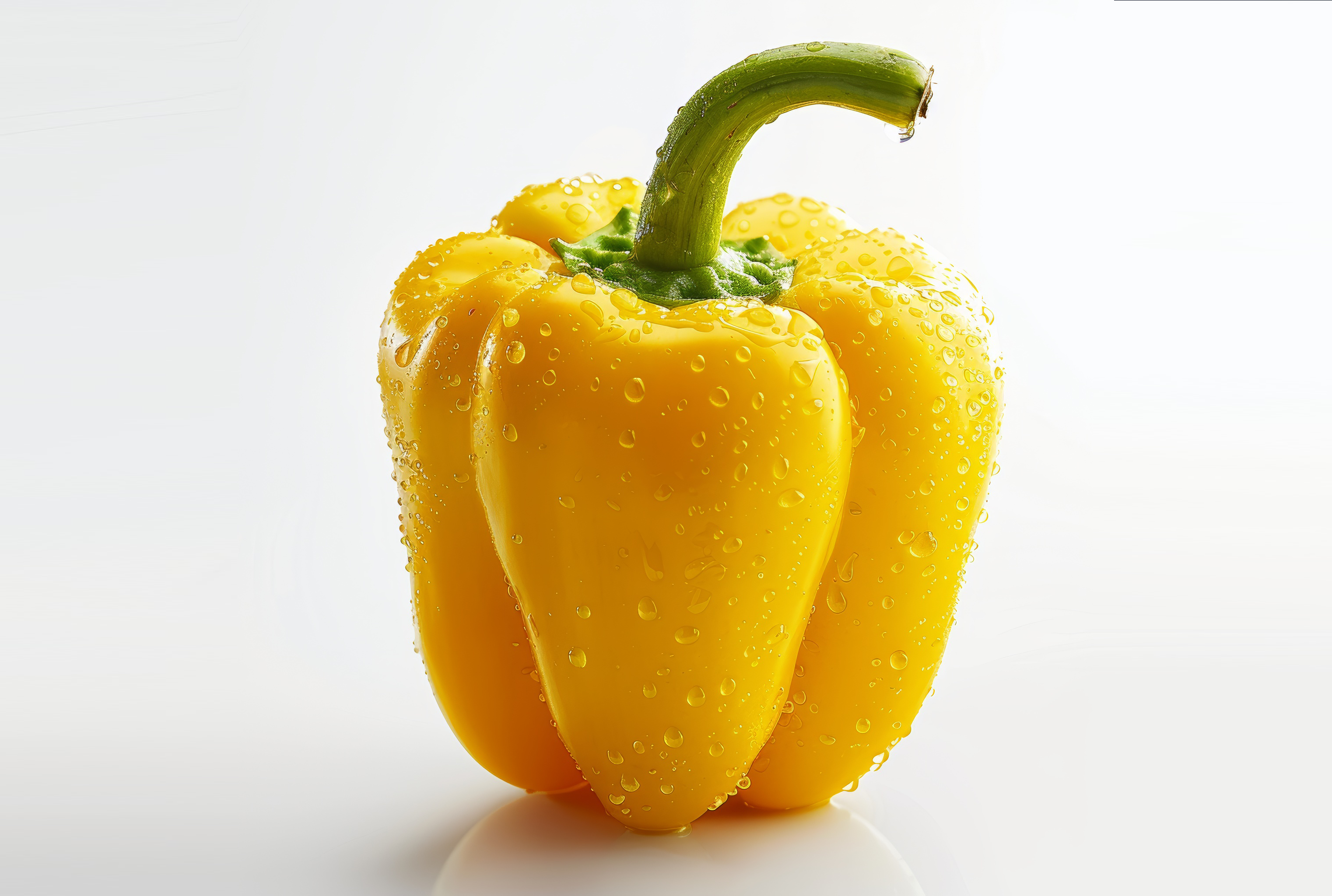 Yellow bell pepper with water drops isolated on white background