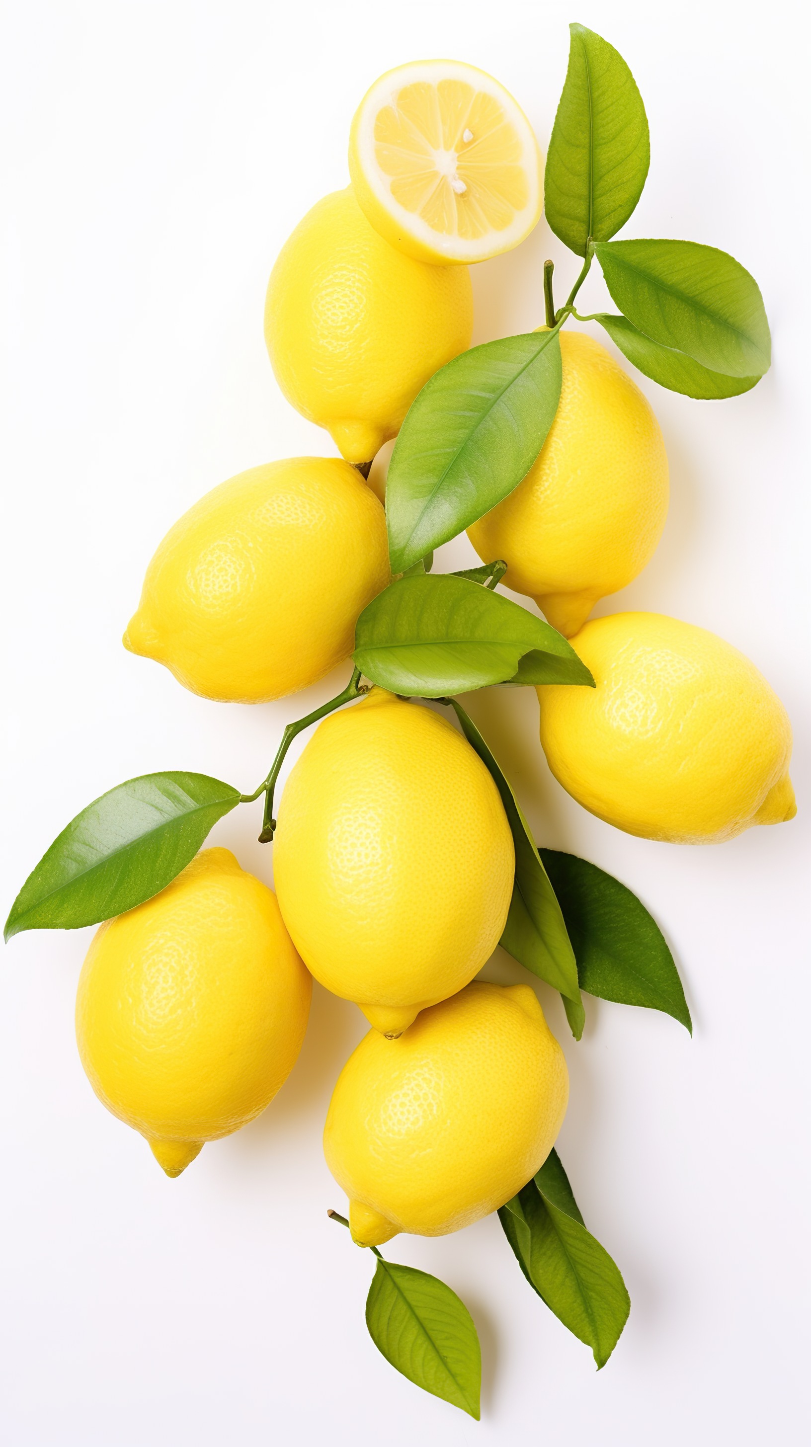 Yellow lemons with green leaves isolated on white background