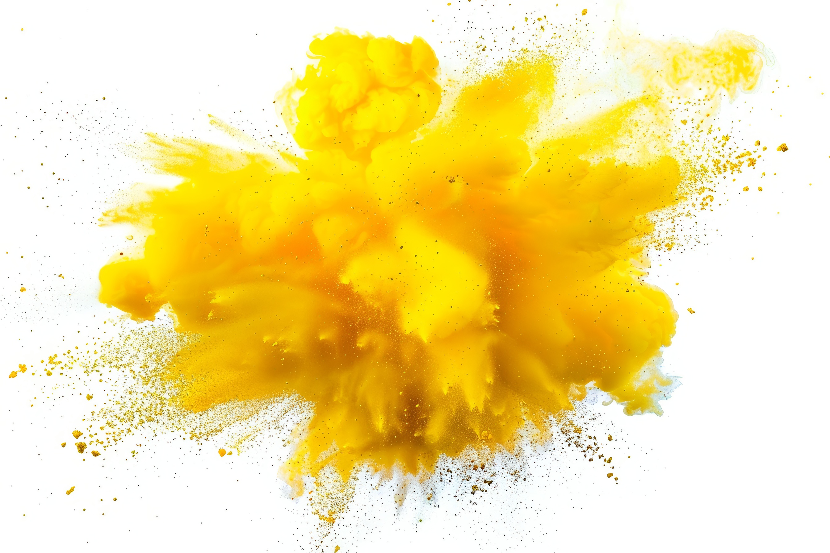 Yellow powder explosion on white background