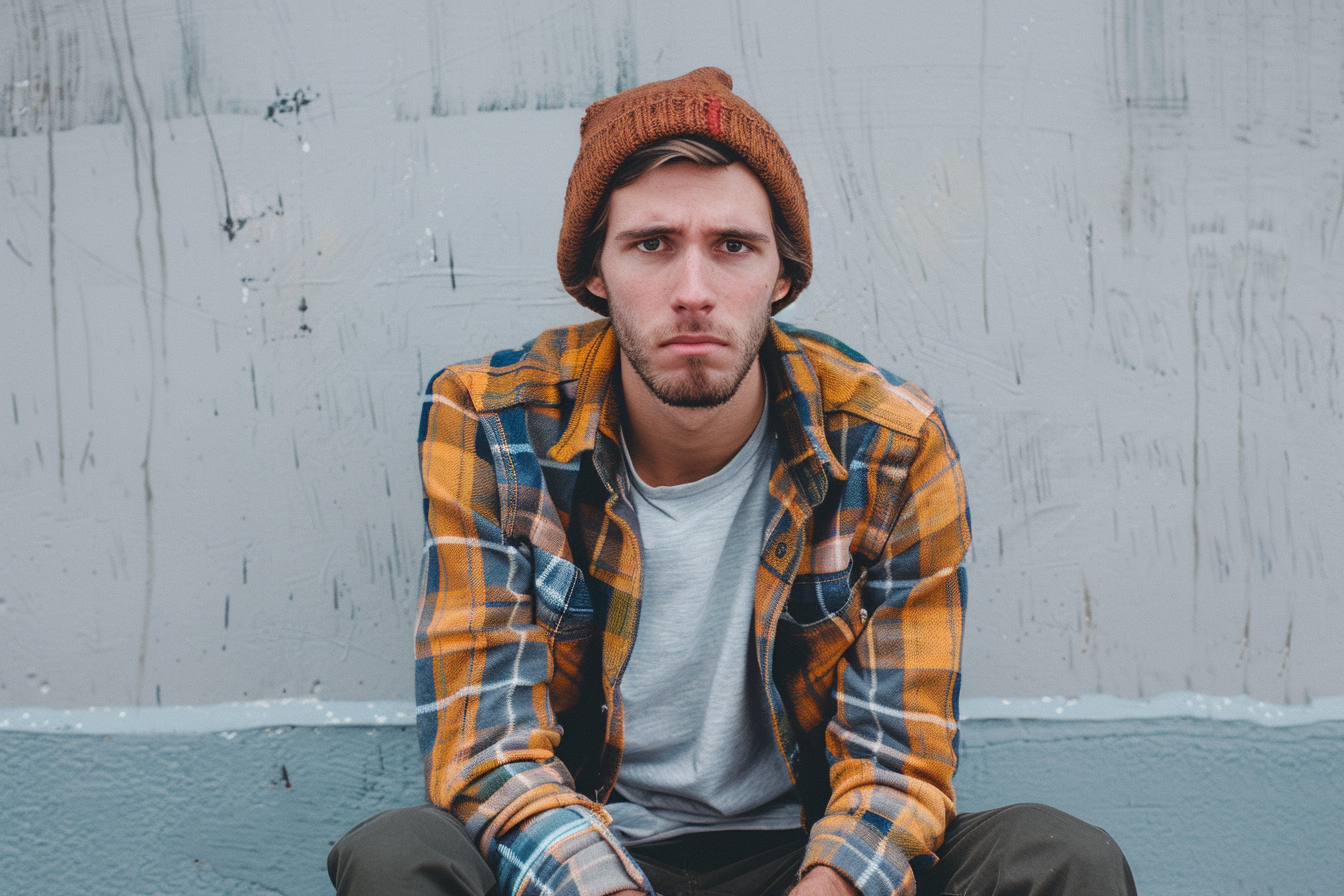 Young handsome man with beard wearing casual outfit, Sad expression, Generative AI