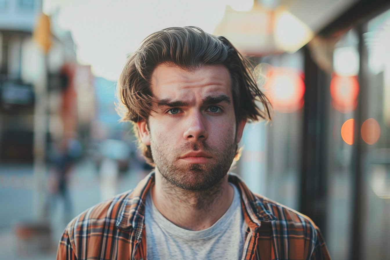 Young handsome man with beard wearing casual outfit, Sad expression, Generative AI