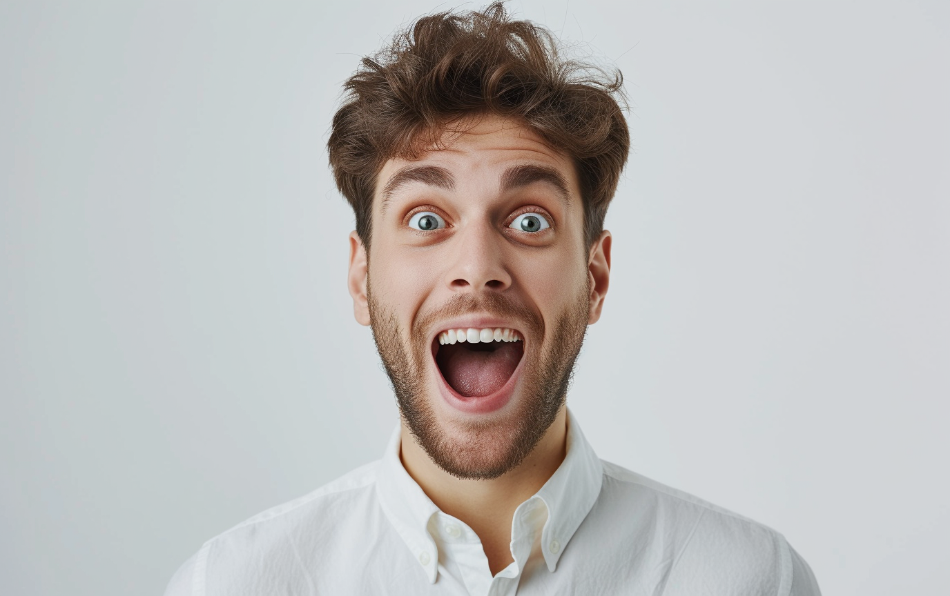 Young man in white shirt with surprised gesture, AI Generative