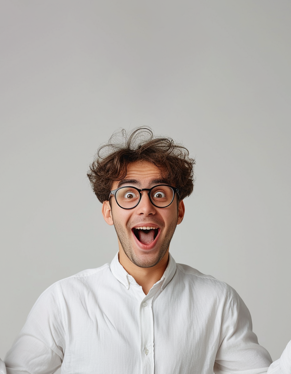 Young man in white shirt with surprised gesture, AI Generative
