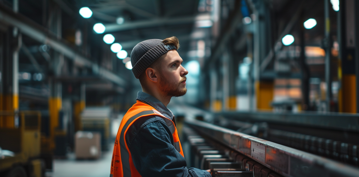 Man at work, Engineer in a warehouse next to a conveyor, ai generative
