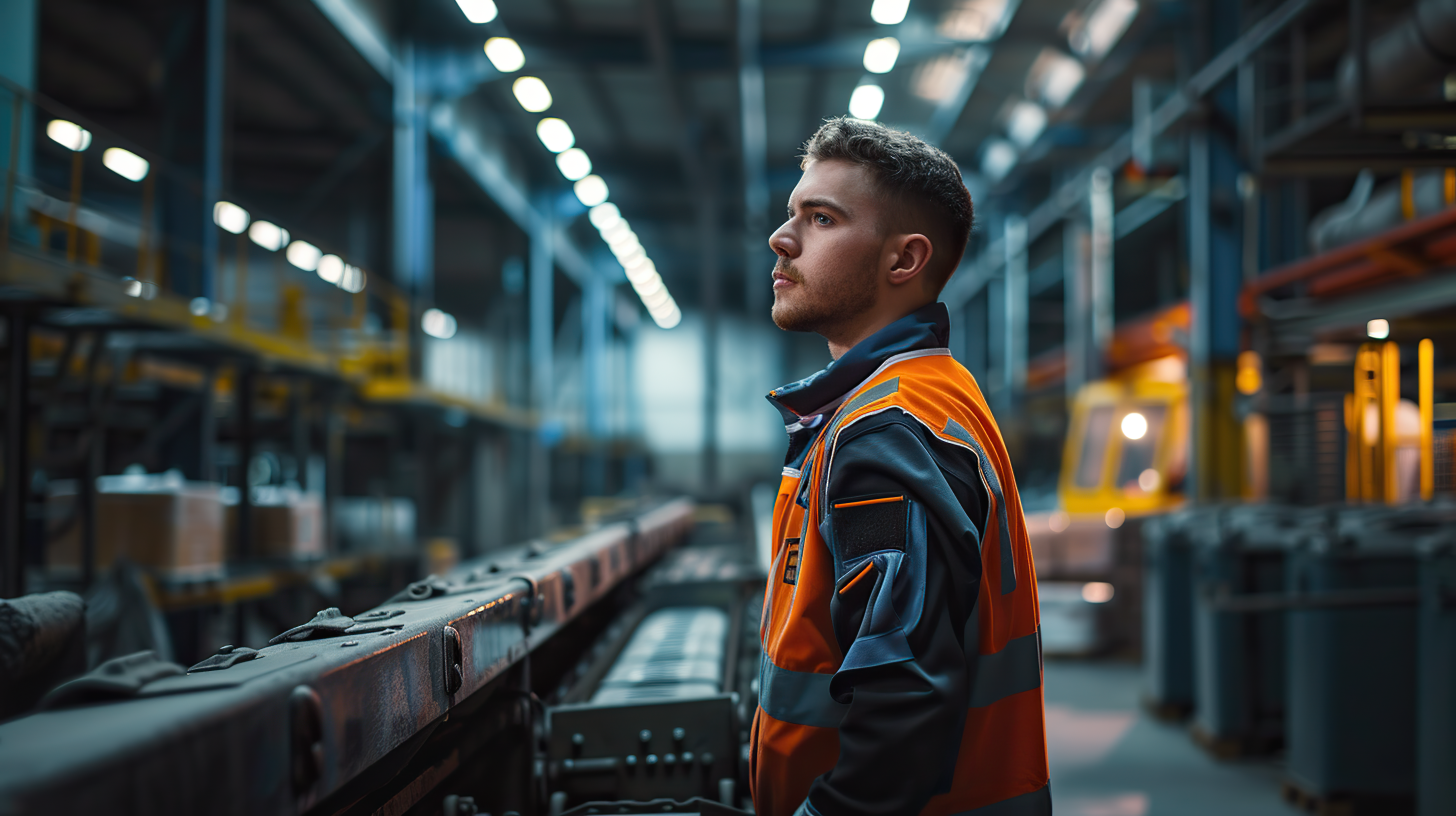 Man at work, Engineer in a warehouse next to a conveyor, ai generative