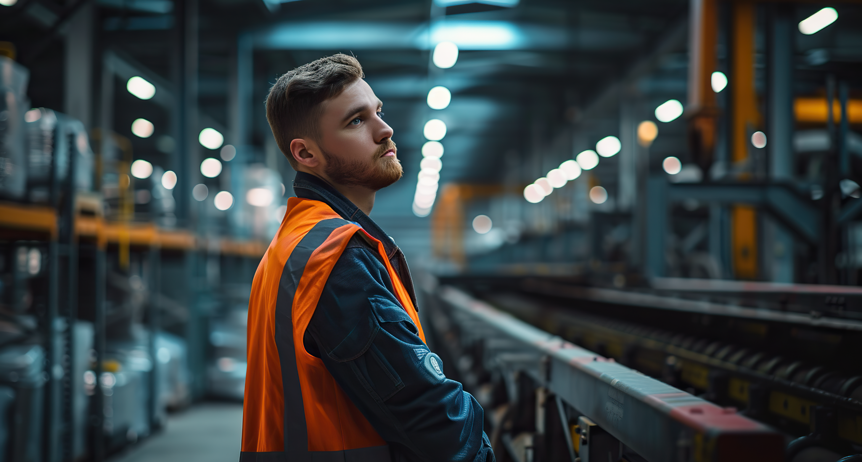 Man at work, Engineer in a warehouse next to a conveyor, ai generative