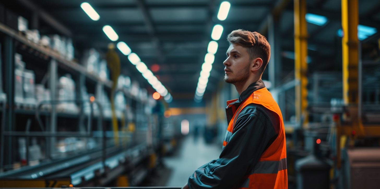 Man at work, Engineer in a warehouse next to a conveyor, ai generative