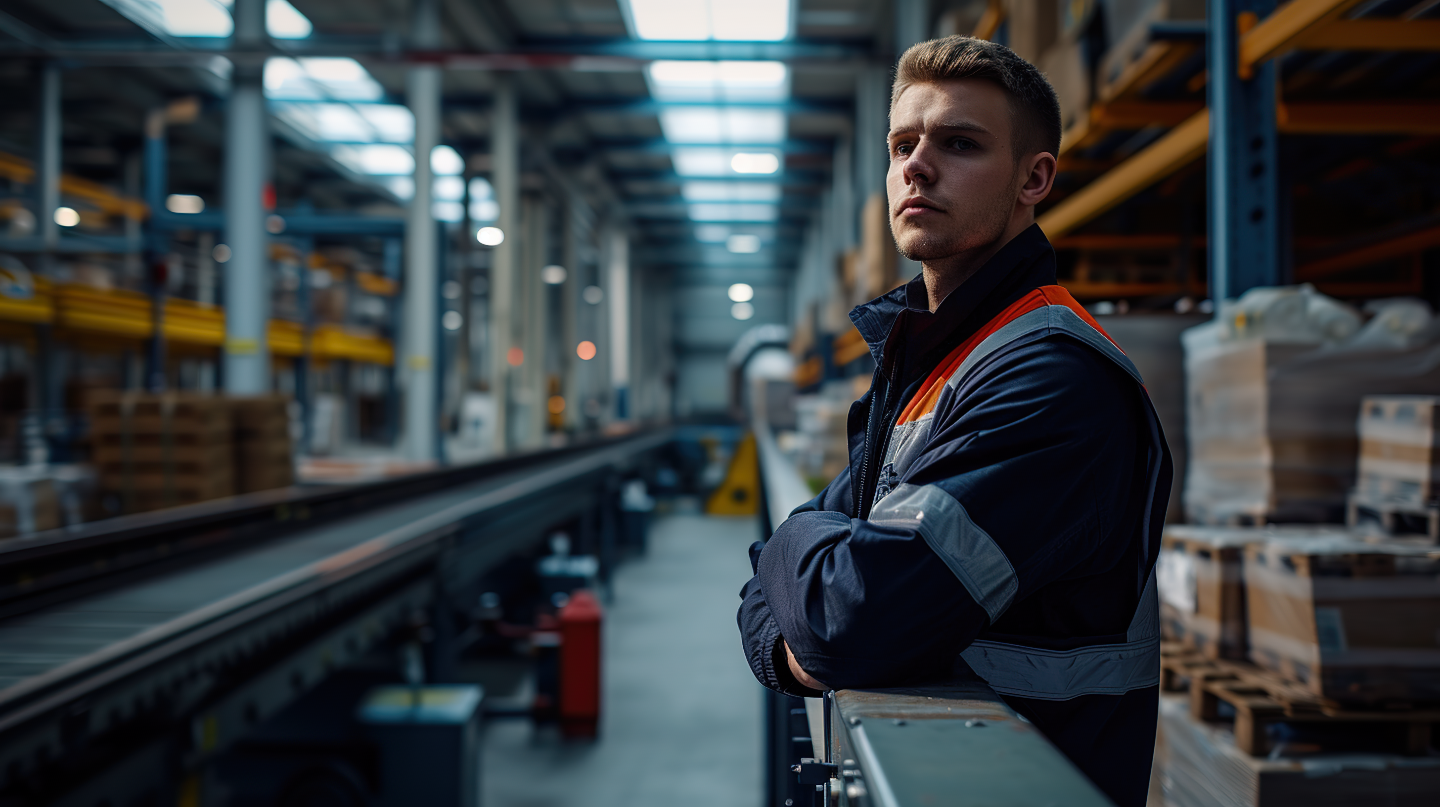 Man at work, Engineer in a warehouse next to a conveyor, ai generative