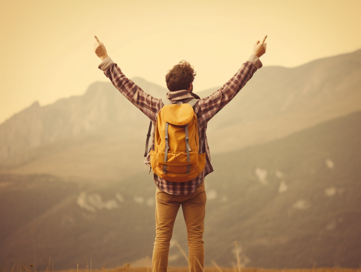 Back view of a young tourist man with a backpack on a background of mountains. He raised his hands and shows how happy and free he is - AI Generative