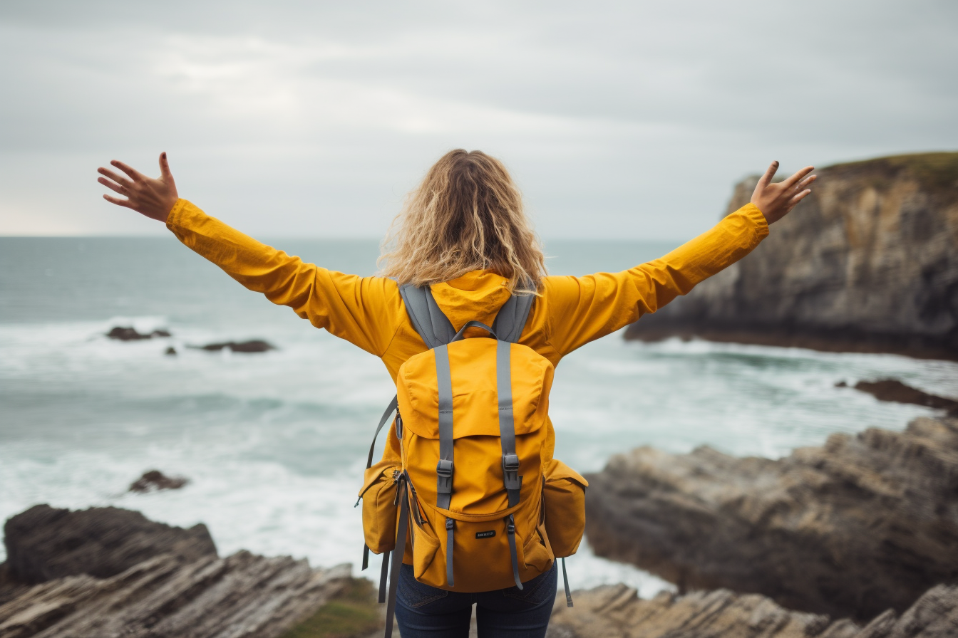 Back view of a young tourist man with a backpack on a background of mountains. He raised his hands and shows how happy and free he is - AI Generative