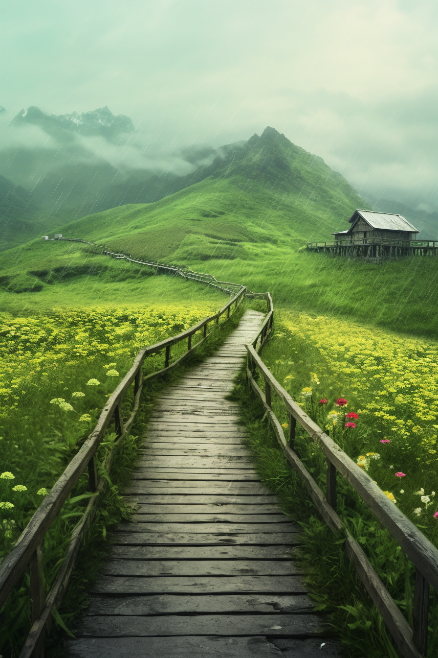 Wooden path leading to a house in the rain